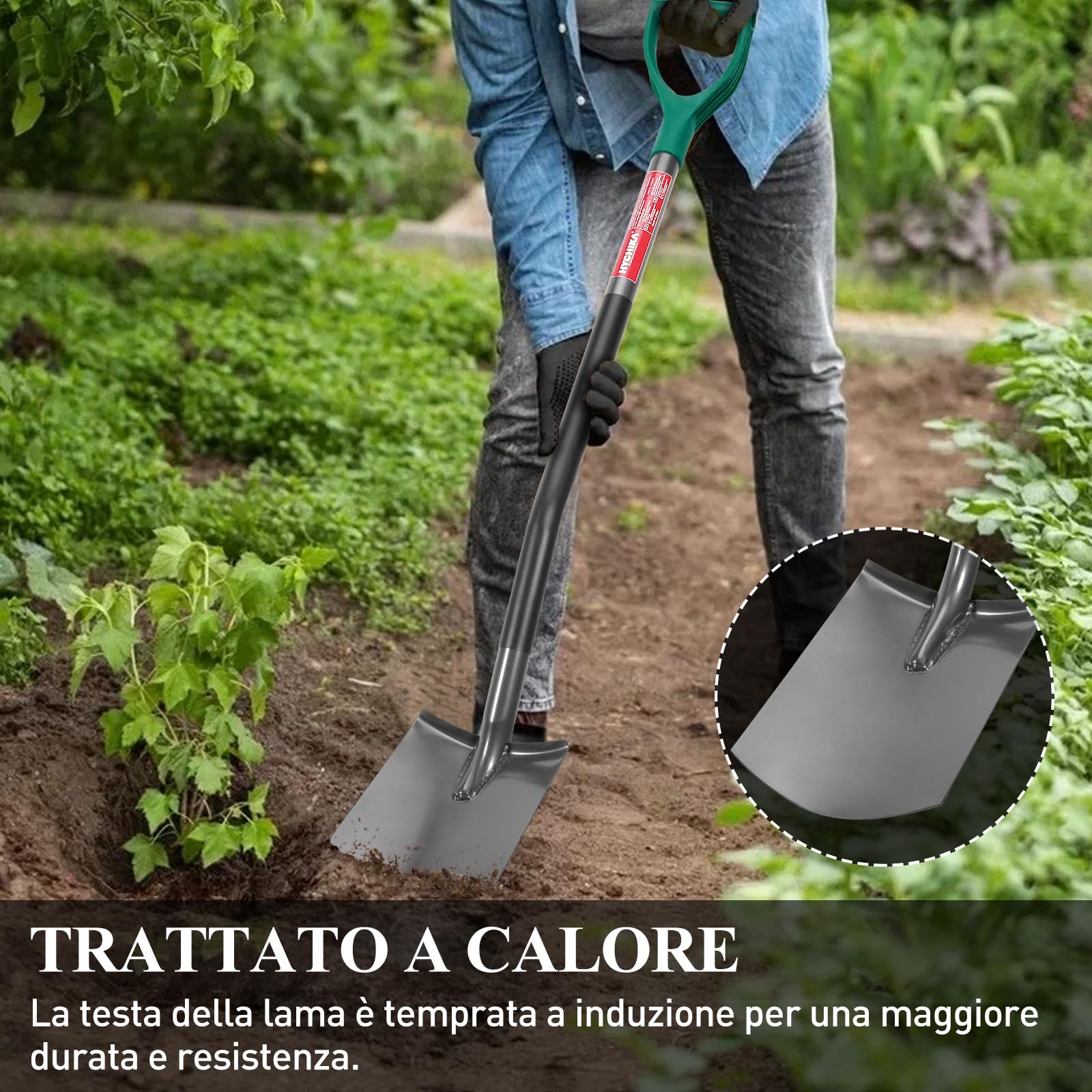 HYCHIKA Pala da Giardino Circolare, Vanga da Giardinaggi, Pala da Scavo, Acciaio Temprato di Alta Qualità, Manico Ergonomico Impugnatura a D, per Piante, Agricola, Diserbo, Spalatura Neve