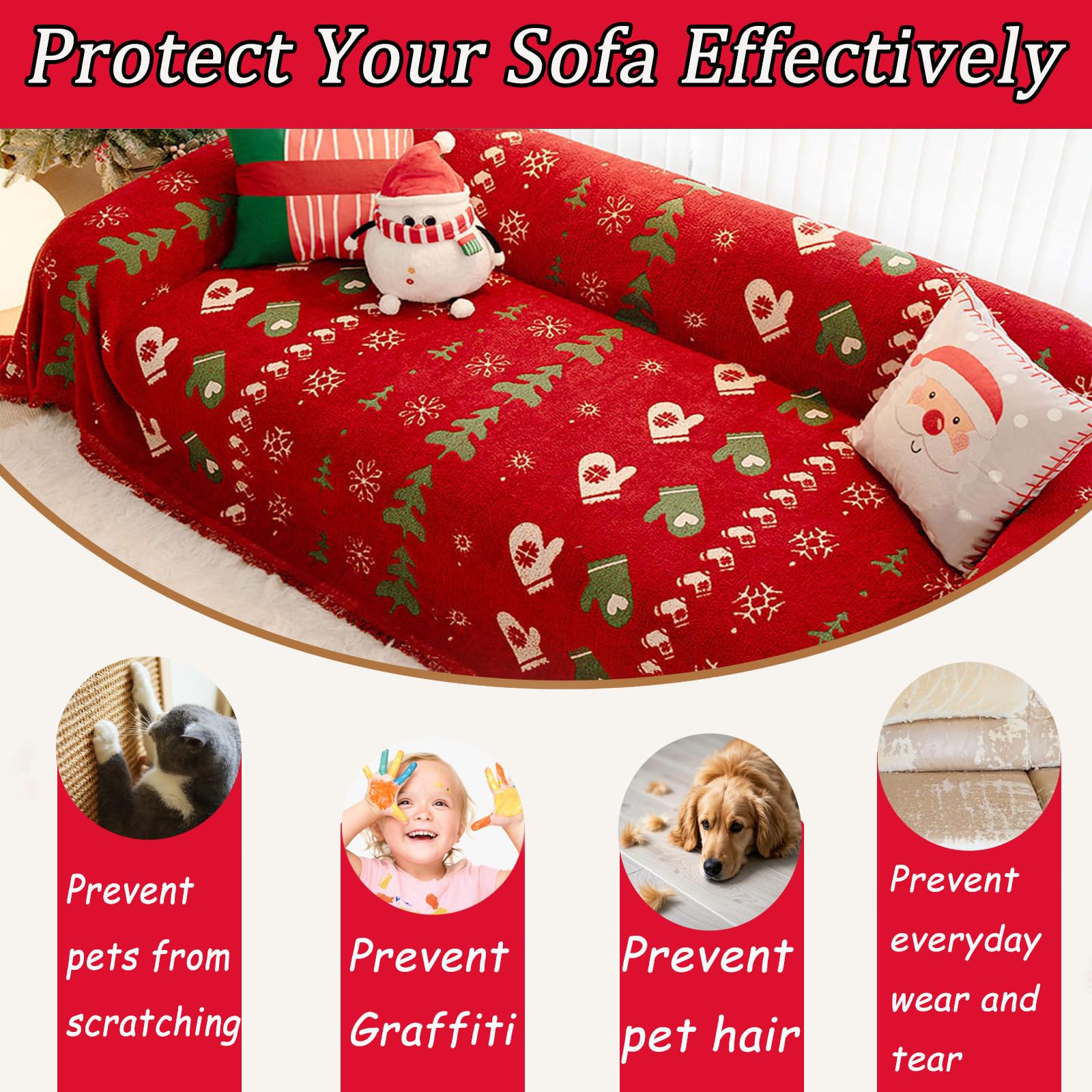 Coperta copripoltrona di Natale con nappine, divano amico degli animali, copridivano grande per 3 posti, Decorazione natalizia doppia reversibile per divano Style-B 180x150cm/71x59in