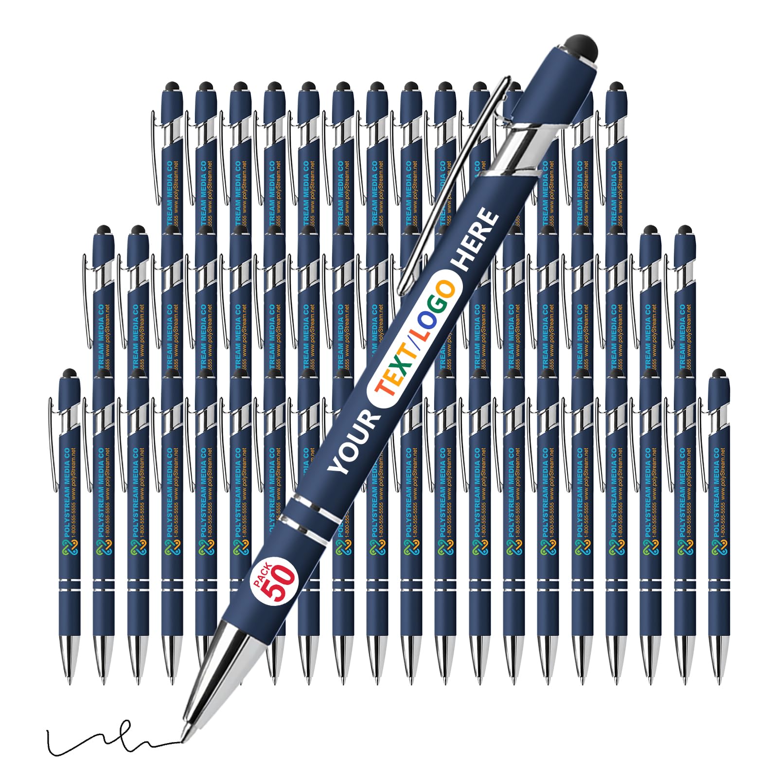 Vebermo 50 Pack Personalised Pens with Stylus | Custom Full-Color Logo/Name/Message | Black Ink Smooth Writing Touchscreen Pens | Ideal for Office, Teachers, Students & Corporate Events, DeepBlue