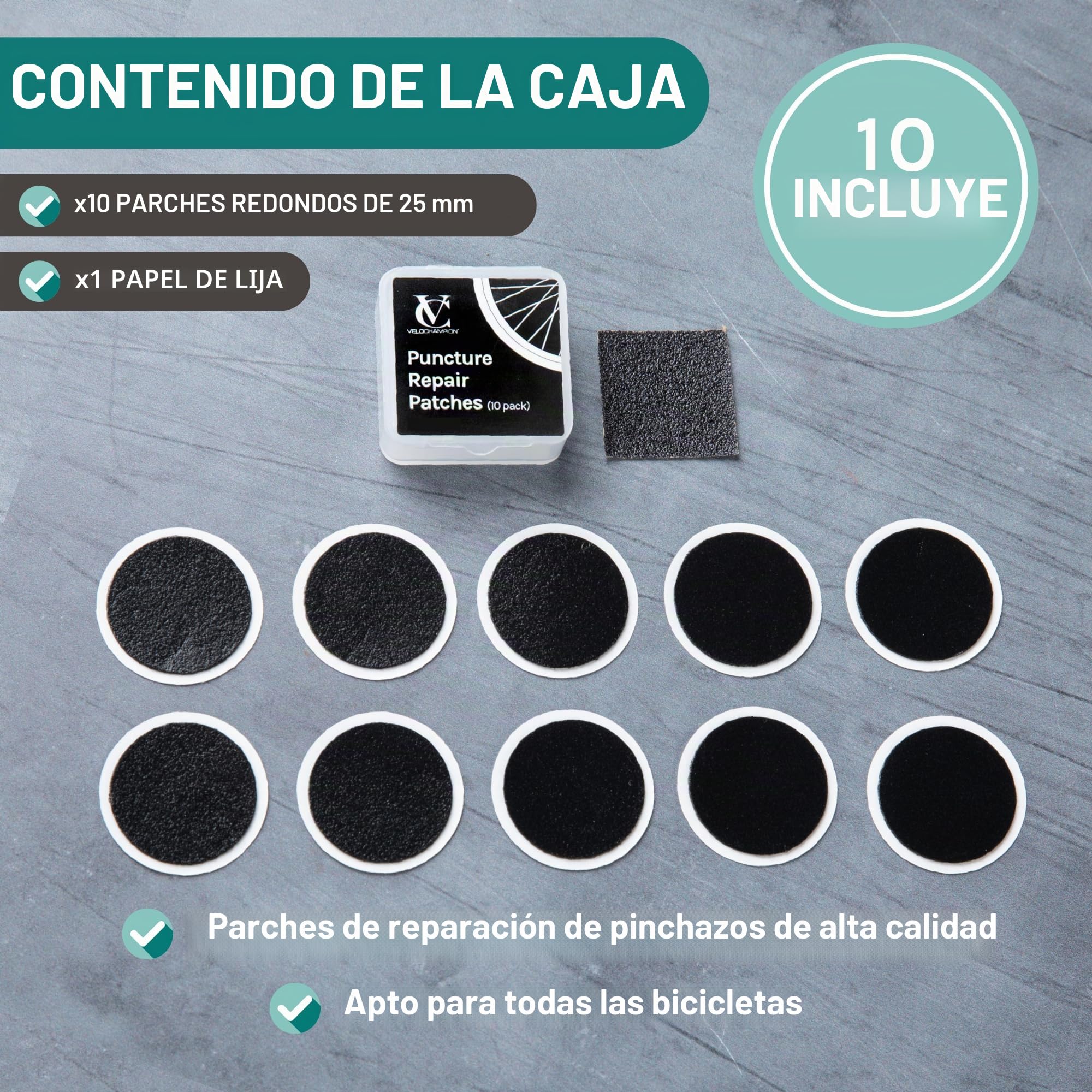 VeloChampion Kit Pinchazos Bicicleta con Parches Autoadhesivos y Desmontadores Opcionales, Kit Repara Pinchazos para MTB, Carretera, Ciudad y Bicicleta Eléctrica