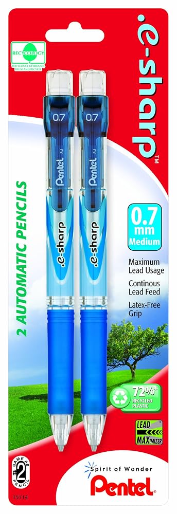 Pentel.E-Sharp Automatic Pencil, 0.7mm, Assorted Barrels, 2 Pack (AZ127BP2M-K6)