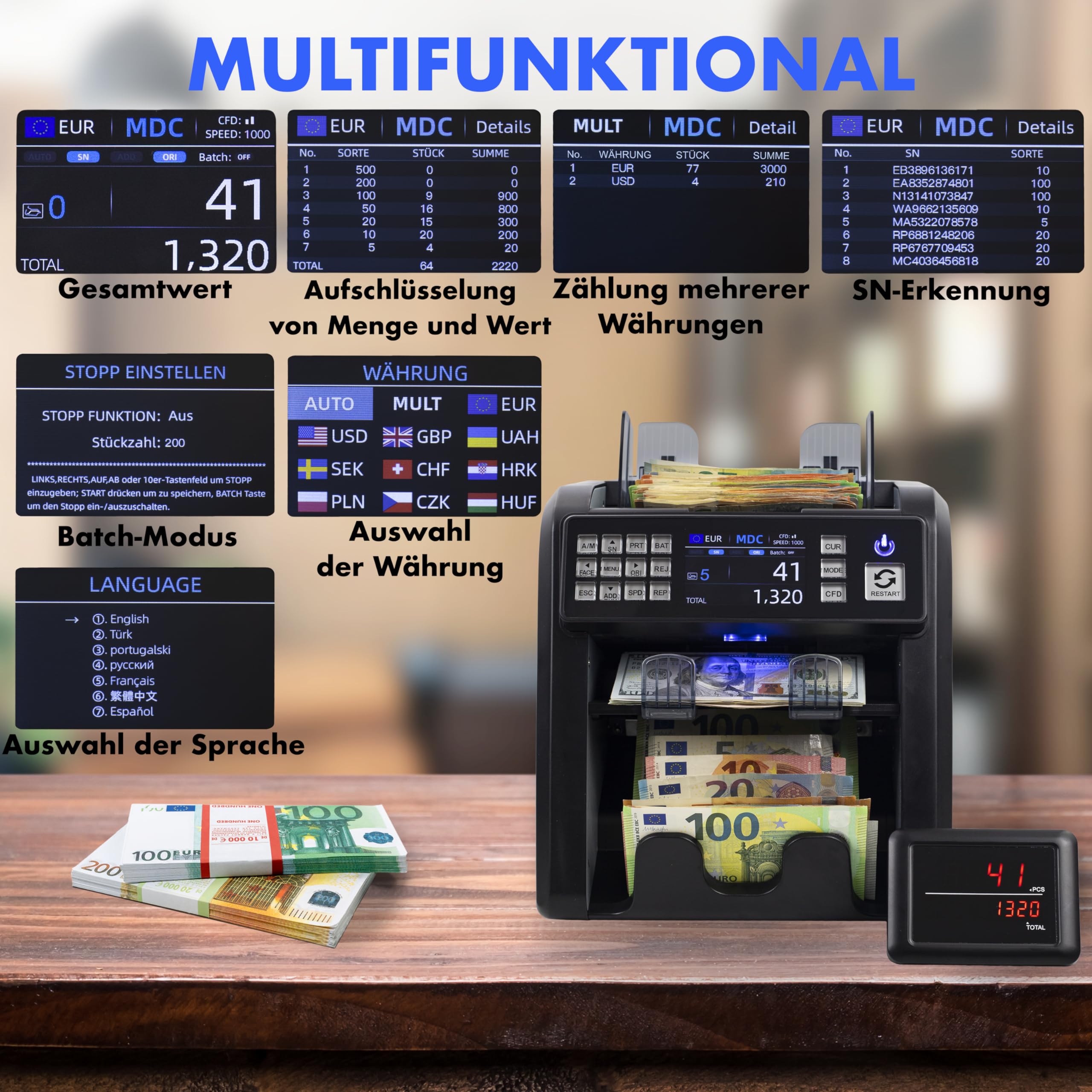 MV-600 Geldzählmaschine | Banknotensortierer für gemischte Geldscheine | UV/MG/IR/DD / 2CIS usw. | Exakt | EUR USD GBP SEK CHF usw. | Banknotenzähler | Geldzähler | Geldscheinzähler