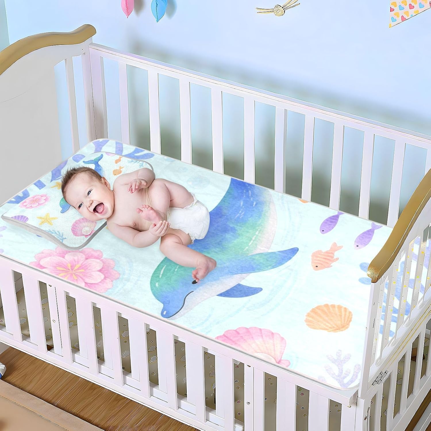 Watercolor Kid Style Dolphin Animal Fish Cooling Baby Play Mattress 28" x 52" Reusable Padded Crib for Baby&Toddler