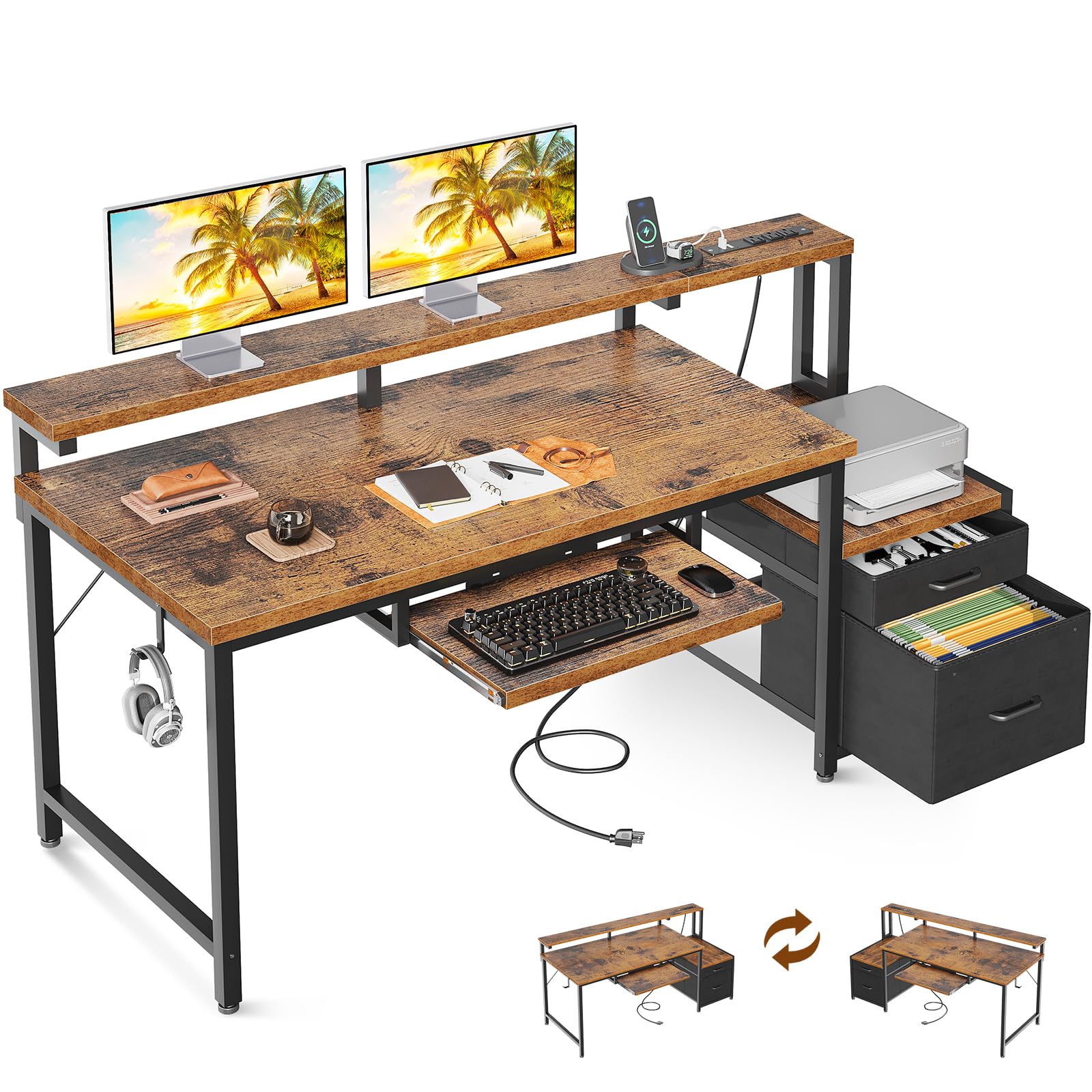 AODK Computer Desk with Drawers, 55" Office Desk with Keyboard Tray and Power Outlet, Reversible Study Work Desk with Printer Space and File Drawers