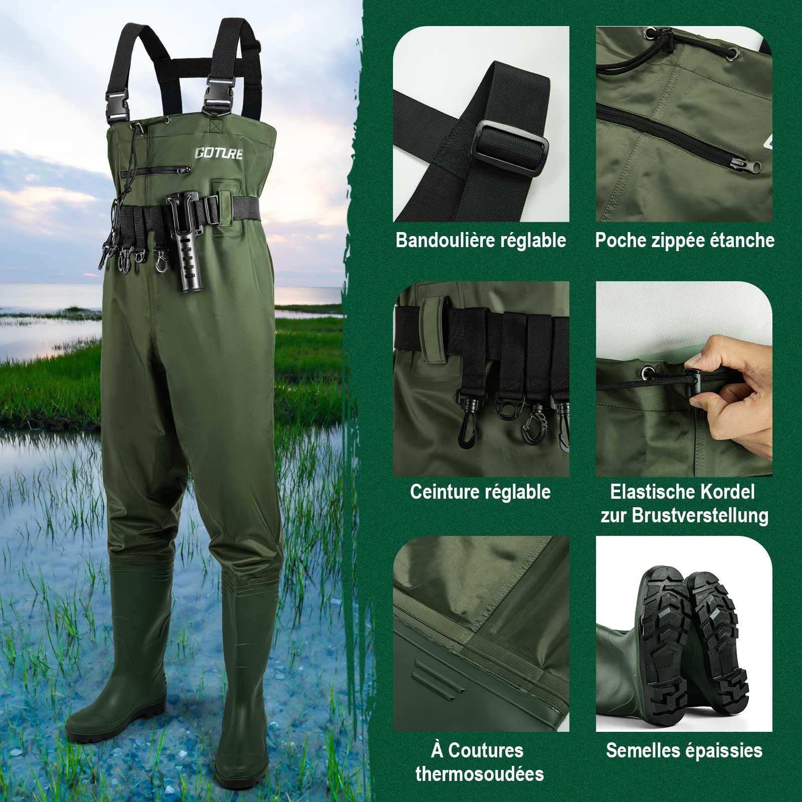 Goture Cuissardes de Waders Peche Homme Unisexe, 70D Nylon, Waders étanches pour la pêche avec Poche étanche, Chasse, Waders avec Pied de Botte, Poche étanche pour téléphone Portable, Vert