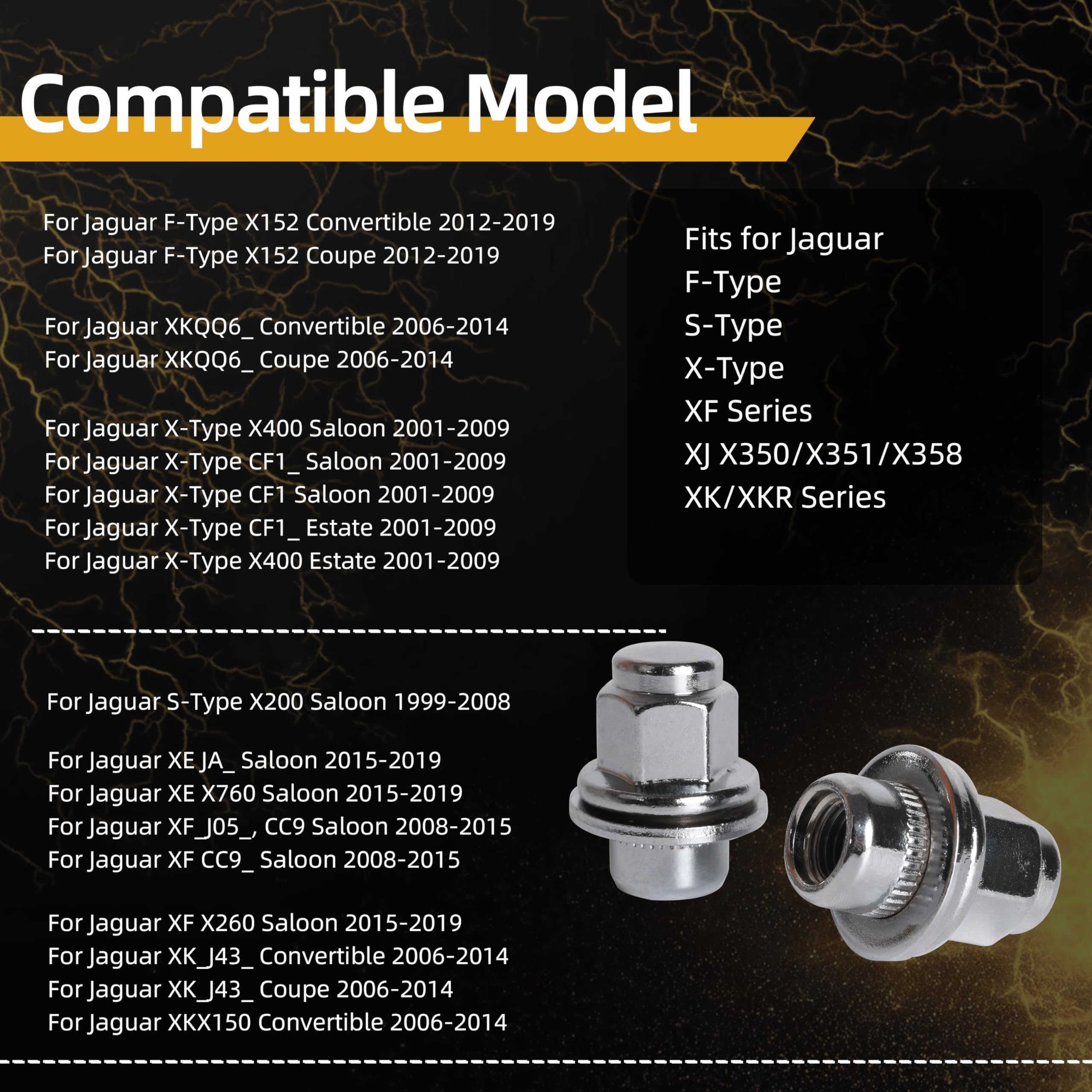 Lot de 20 écrous de roue en acier au carbone pour Jaguar F-Type, S-Type, X-Type, XF Series, XJ X350/X351/X358, XK/XKR Series, M12 x 1,5