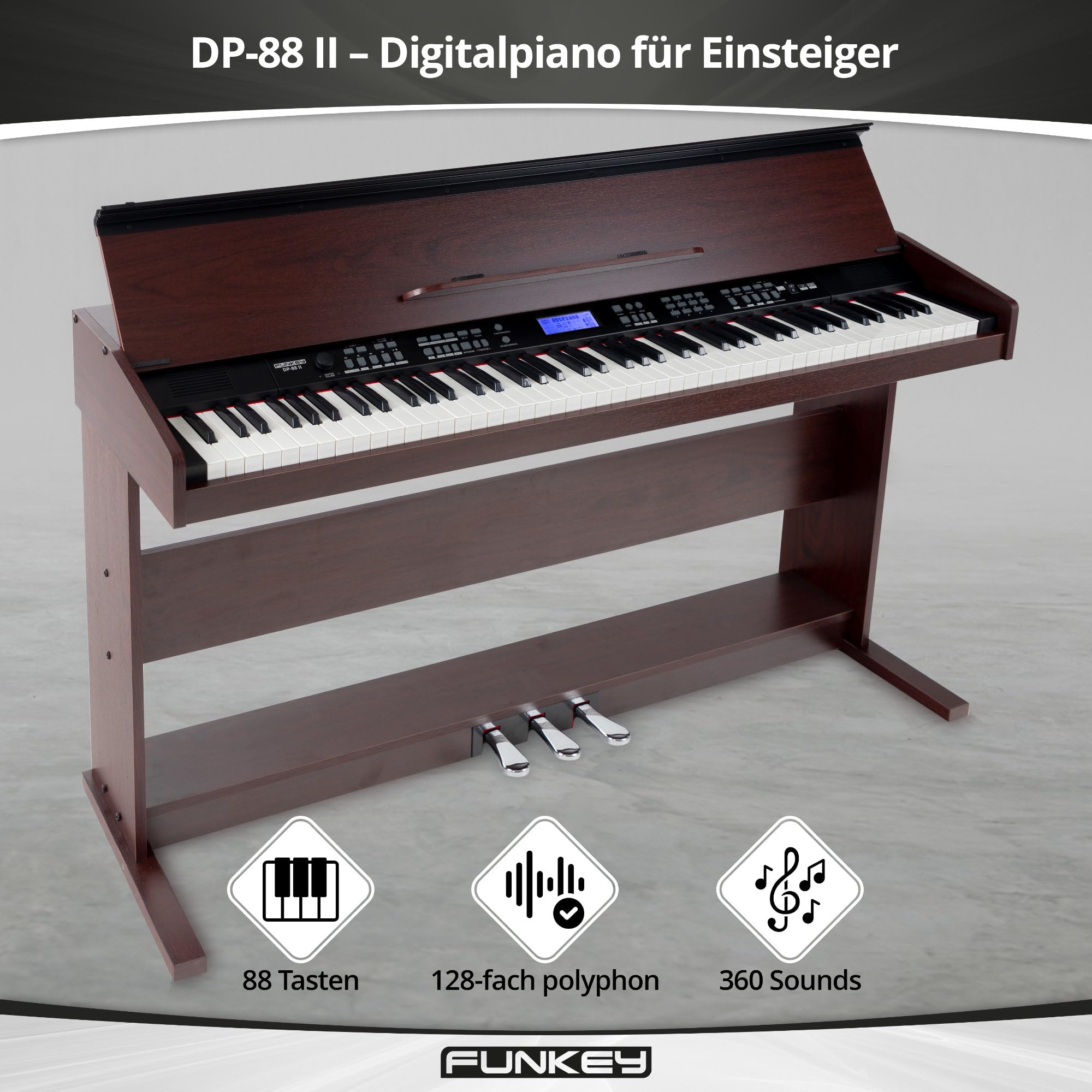 FunKey DP-88 II Digitalpiano (88 anschlagsdynamische Keyboard-Tasten, 128-fach polyphon, 360 Sounds, 160 Styles, MP3-Player, Lernfunktion, Record- & Playback-Funktion, 3 Pedale) braun
