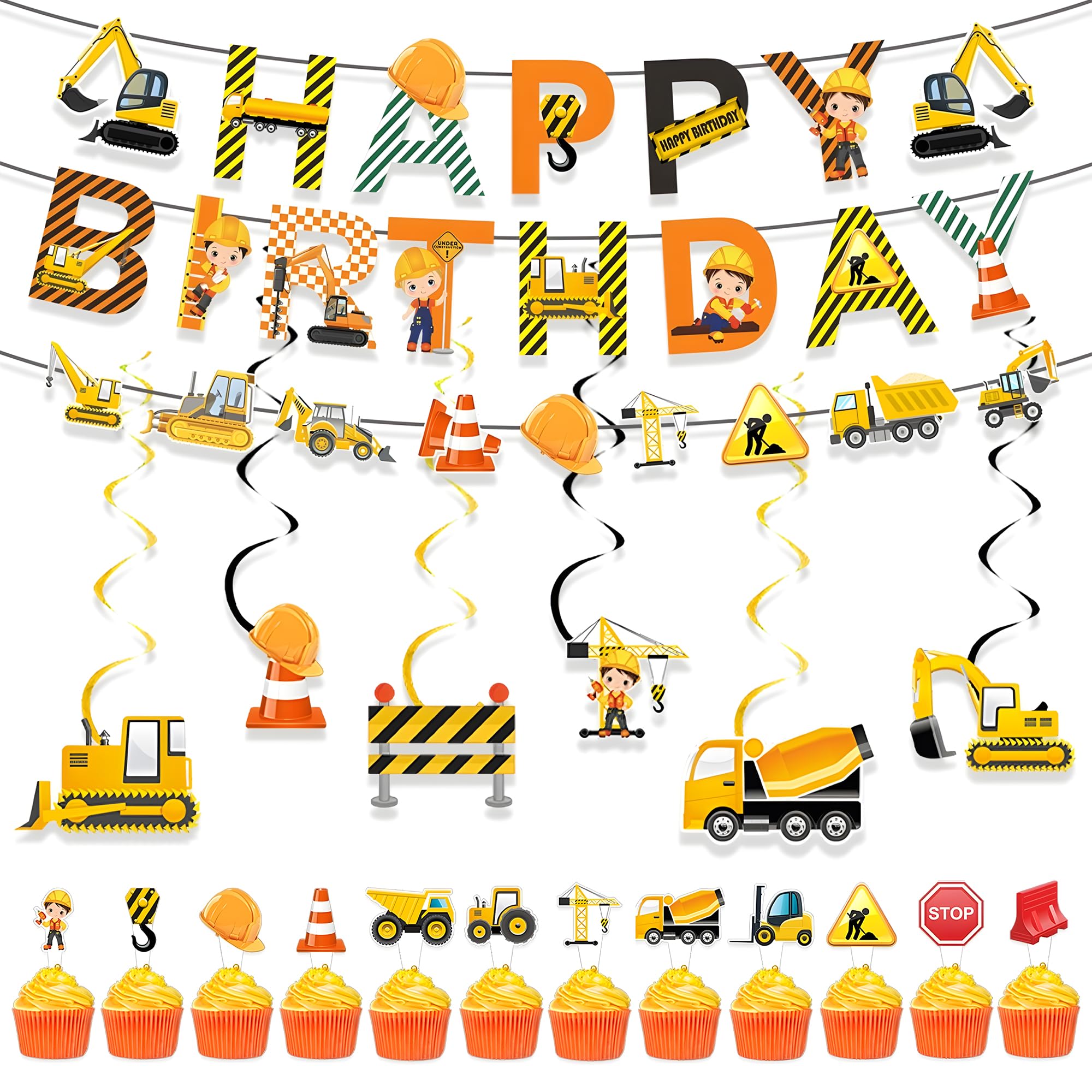 Construction Truck Banner with Cake Toppers, 21PCS Birthday Decorations Set, Car Road Signs Theme Party Accessories for Users, Fun Celebration Banner