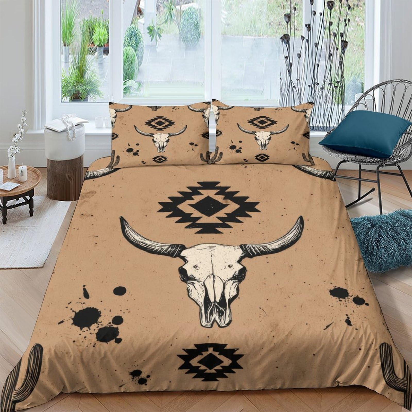 Ctjqhvkz Style-10 3D Printed Western Bull Skull Fitted Sheet Microfiber Soft Ethnic Aztec Bed Cover Bedroom Decor Anti-Slip Washable Single（135X200cm）