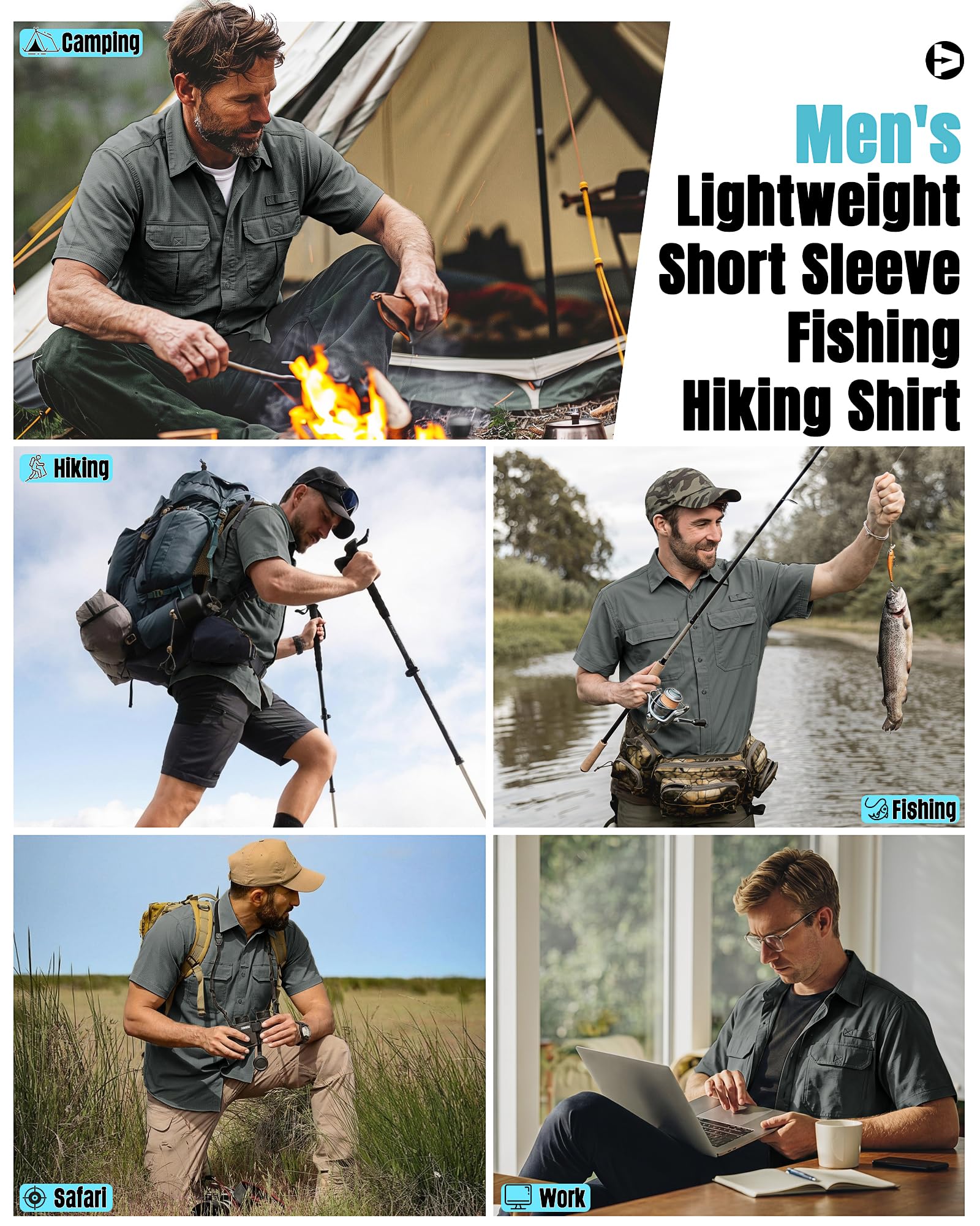 Outdoor Ventures Camisa de Pesca Ligera de Manga Corta para Hombre, UPF 50, con Botones, de Secado rápido, para Senderismo, Viajes, Safari, Gris Sombra, Small