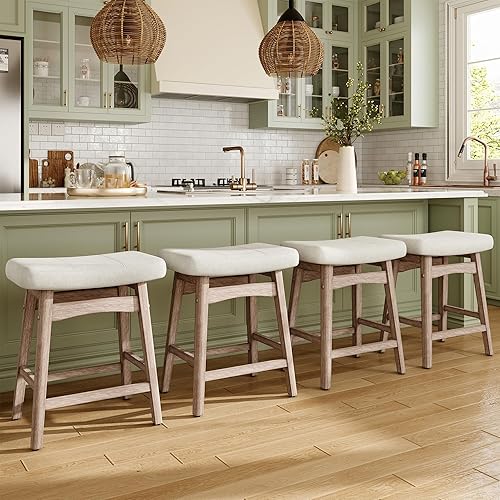 Miniatura 16 de MAISON ARTS Juego de 2 taburetes de bar beige para encimera de cocina, patas de madera maciza con asiento de cuero sintético, taburetes de bar de
