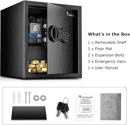 Miniatura 9 de Bonsaii Caja de seguridad de acero con bloqueo de teclado digital, caja fuerte de seguridad de 1.2 pies cúbicos con estante extraíble para el hogar,