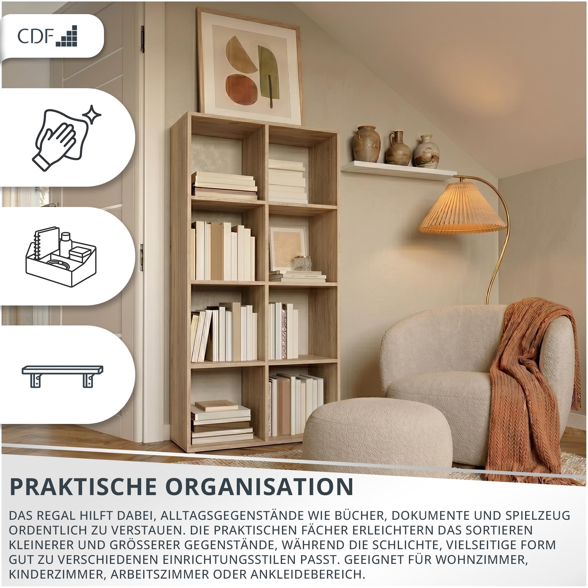 CDF Bücherregal mit 8 Fächern Würfelregal offenen Würfeln für Wohnzimmer Studio 2x4 Regal Stufenregal Ordnungssystem für Bücher Deko Fotos Arbeitszimmer Flur Eiche Sonoma 30x147x75 cm