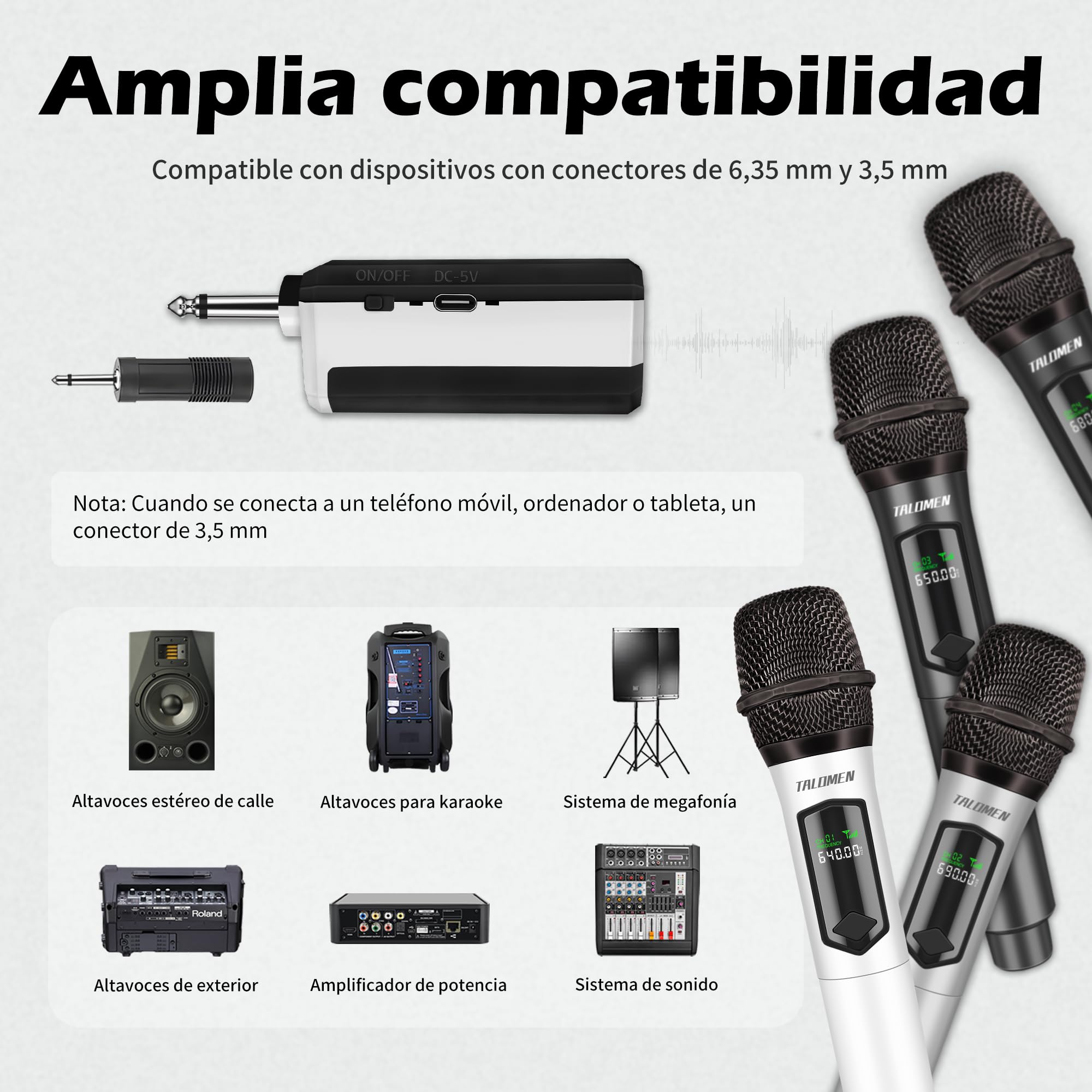 talomen Micrófono inalámbrico Profesional, Sistema cuádruple 2.4 GHz, micrófono dinámico Recargable con Receptor, Alcance de 160ft, Ideal para Karaoke, Canto, Fiestas, K604 Blanc, Argent, Gris, Noir