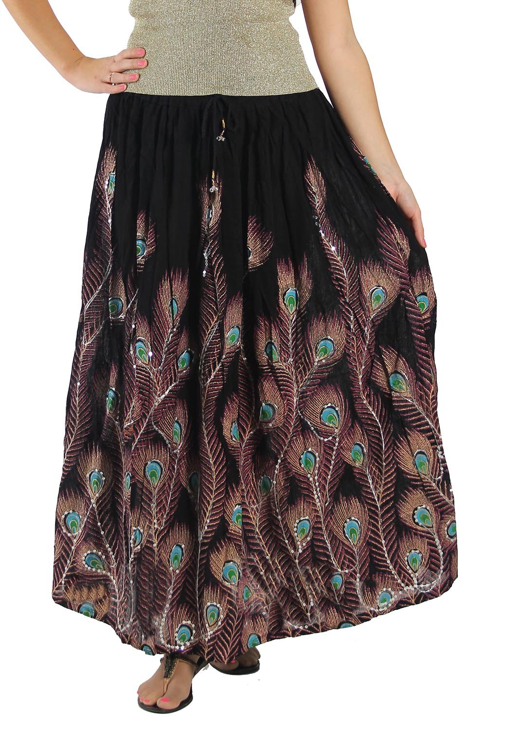Women's Long Peacock Feather Bohemian Full Length Skirt (Black)