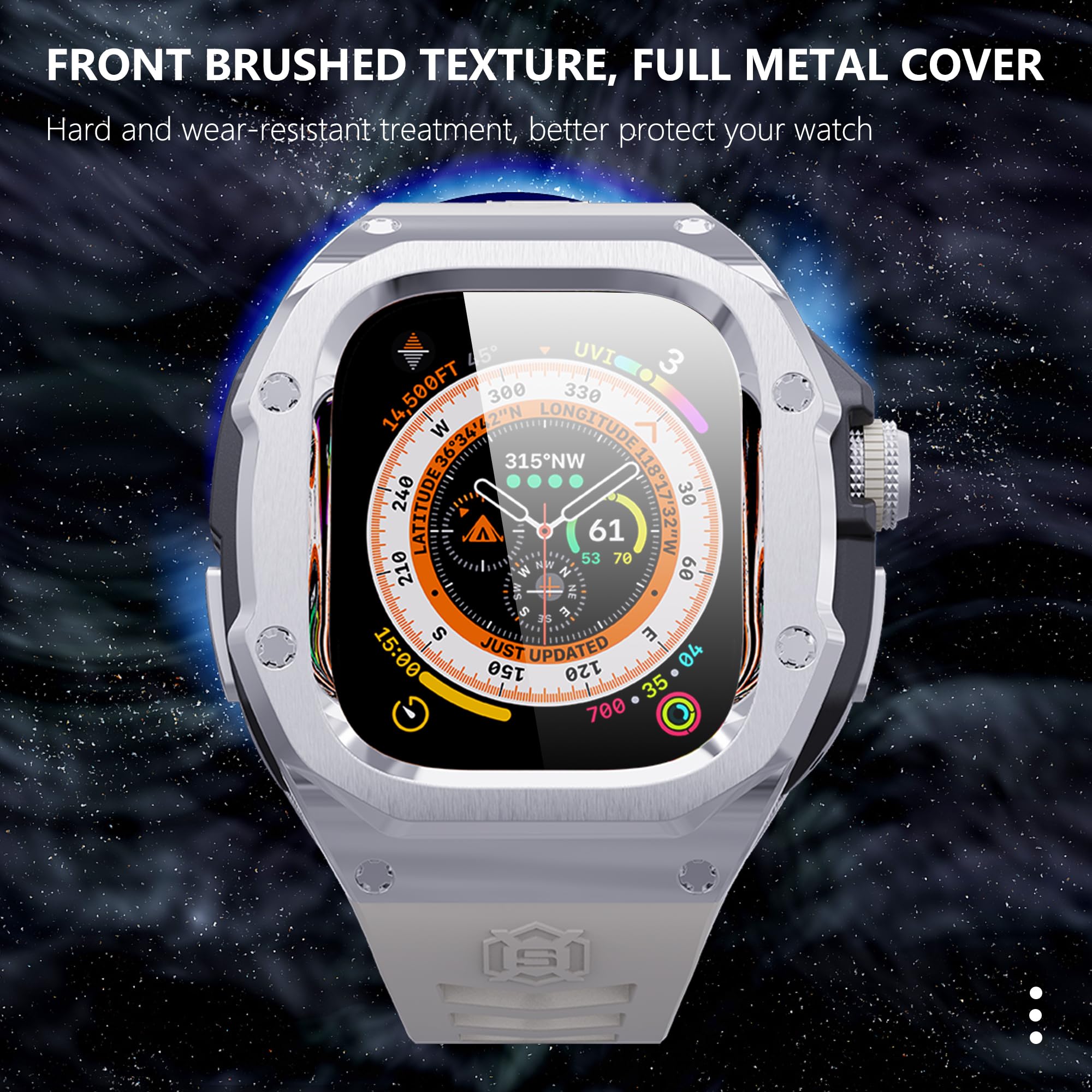VeveXiao Wytrzymałe etui z paskiem kompatybilne z Apple Watch Ultra 2 paski 49 mm, metalowa osłona ochronna z wymiennym paskiem z gumy fluorowej do zegarka iWatch Ultra 49 mm, pasek męski