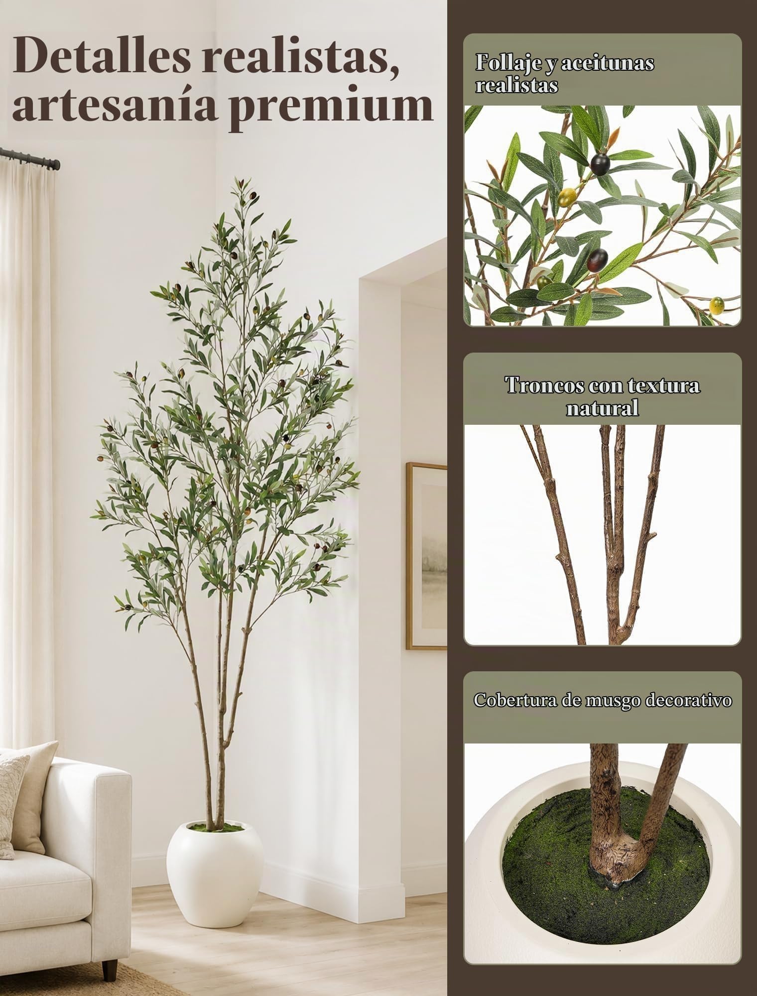 Olivo Artificial 210 cm con Maceta Blanca, Planta De Interior Alta