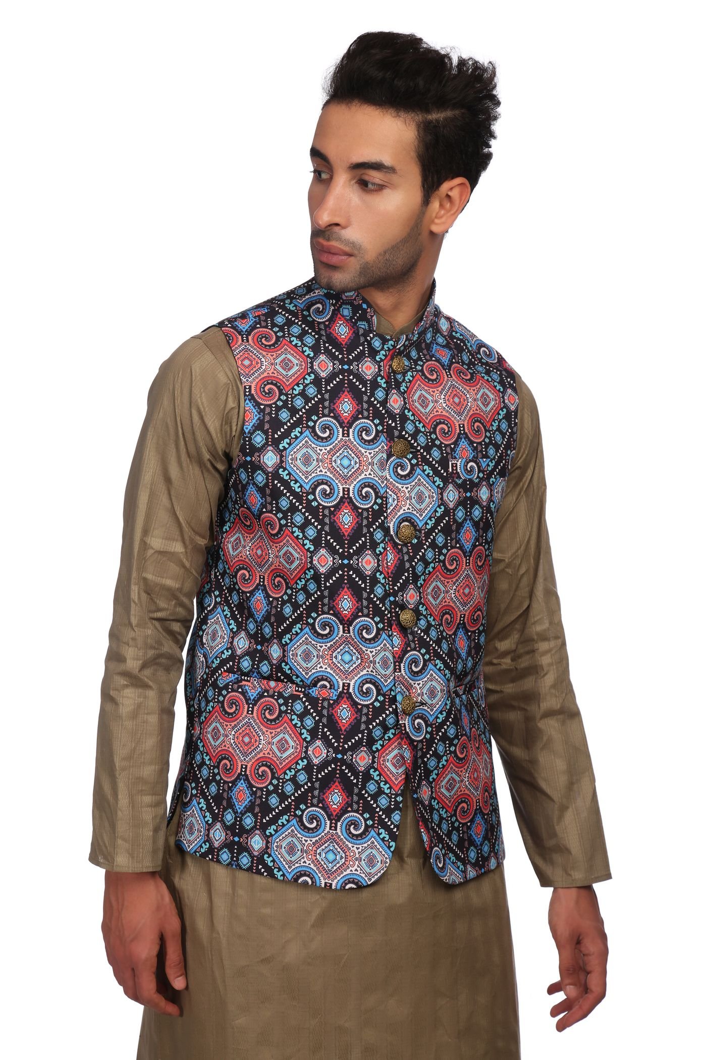 WINTAGE Men's Imported Rayon Tailored Fit Printed Party/Festive Indian Nehru Jacket Vest Waistcoat : X-Small 2