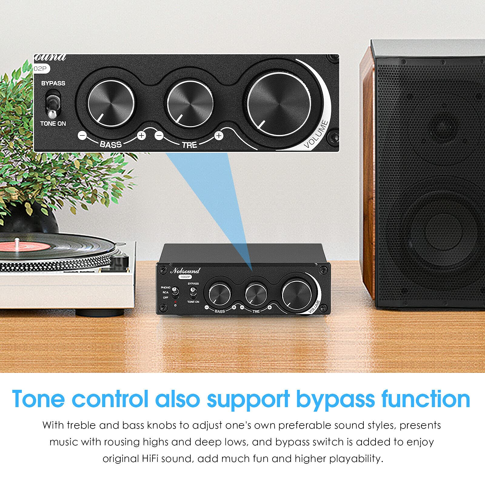 Nobsound 1002P Mini HiFi Stereo Verstärker mit TPA3221 Chip, 2 Kanäle Digitalverstärker, 200W Class D Leistungsverstärker für Desktop Audio, MM Phono Verstärker für Plattenspieler