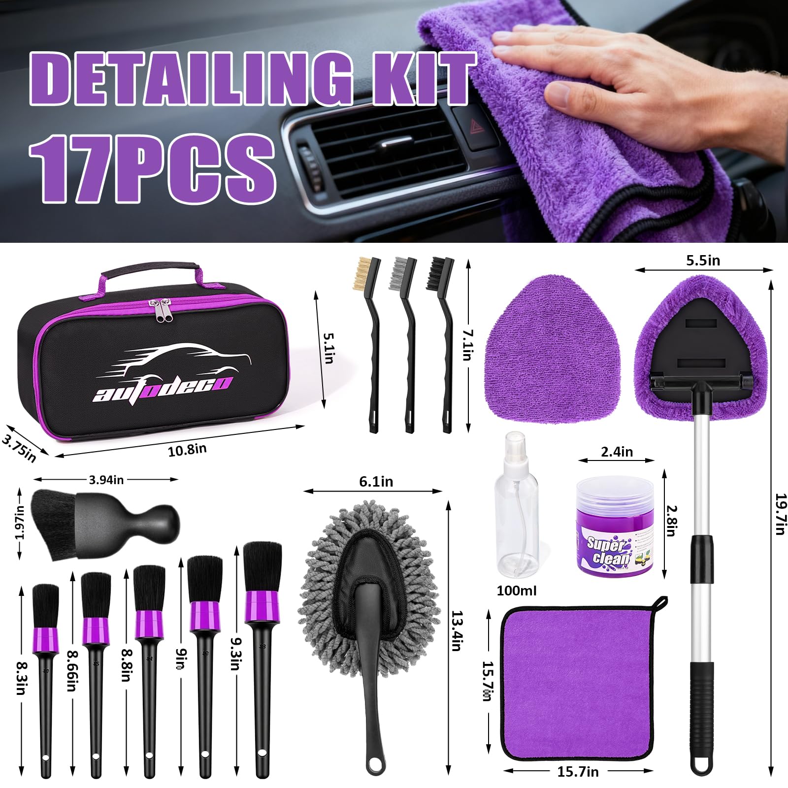 Herramienta de Limpieza de Parabrisas, Kit de Detalles Interiores de Coche, Cepillo de Detalles, Toallas, Plumero, Kit de Limpieza Interior de Coche para caravanas, Camiones, remolques