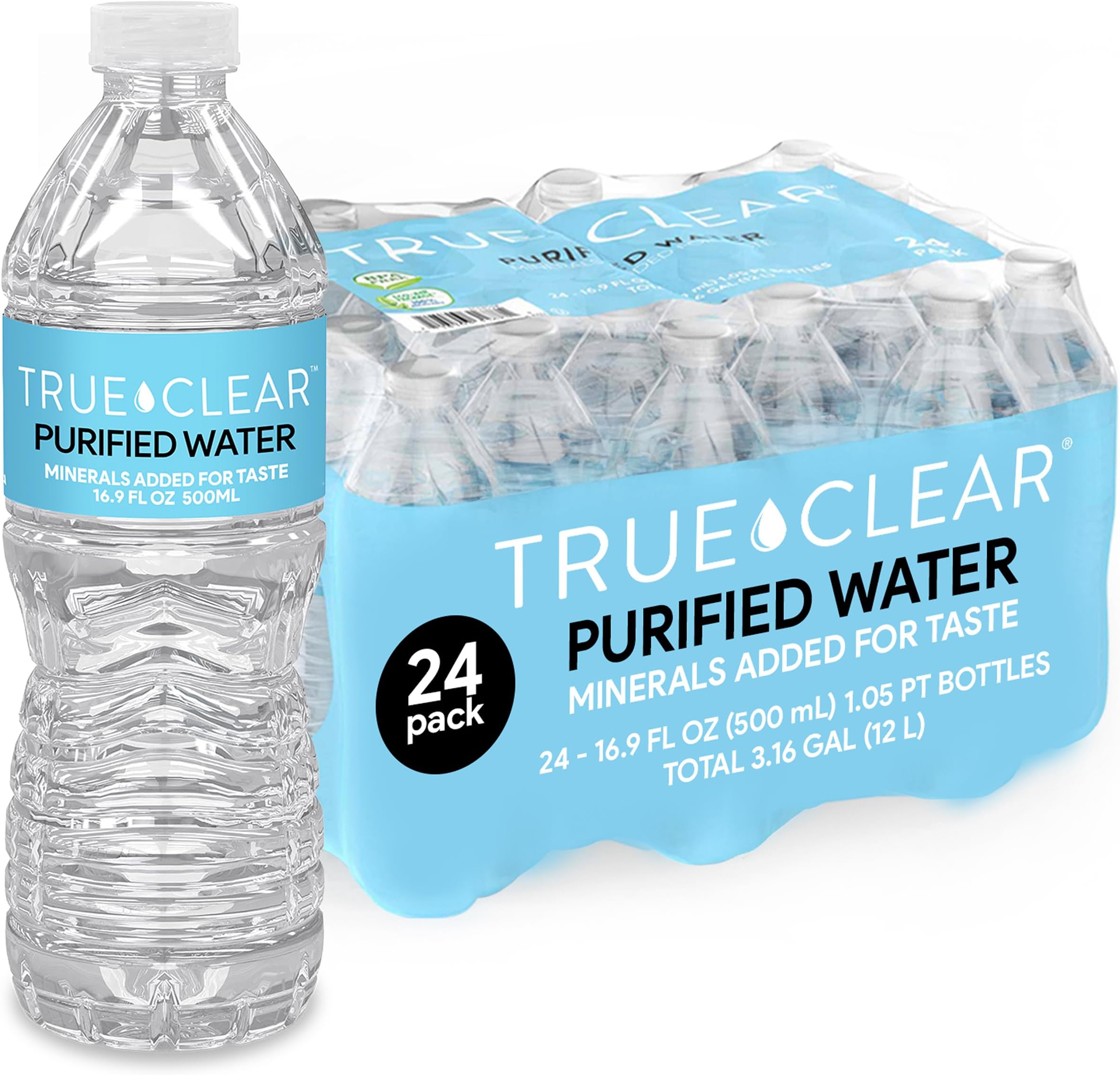 True Clear Purified Drinking Water, 16.9 fl oz Bottles, 24‑Pack, BPA‑Free, Recyclable, Perfect for Lunches
