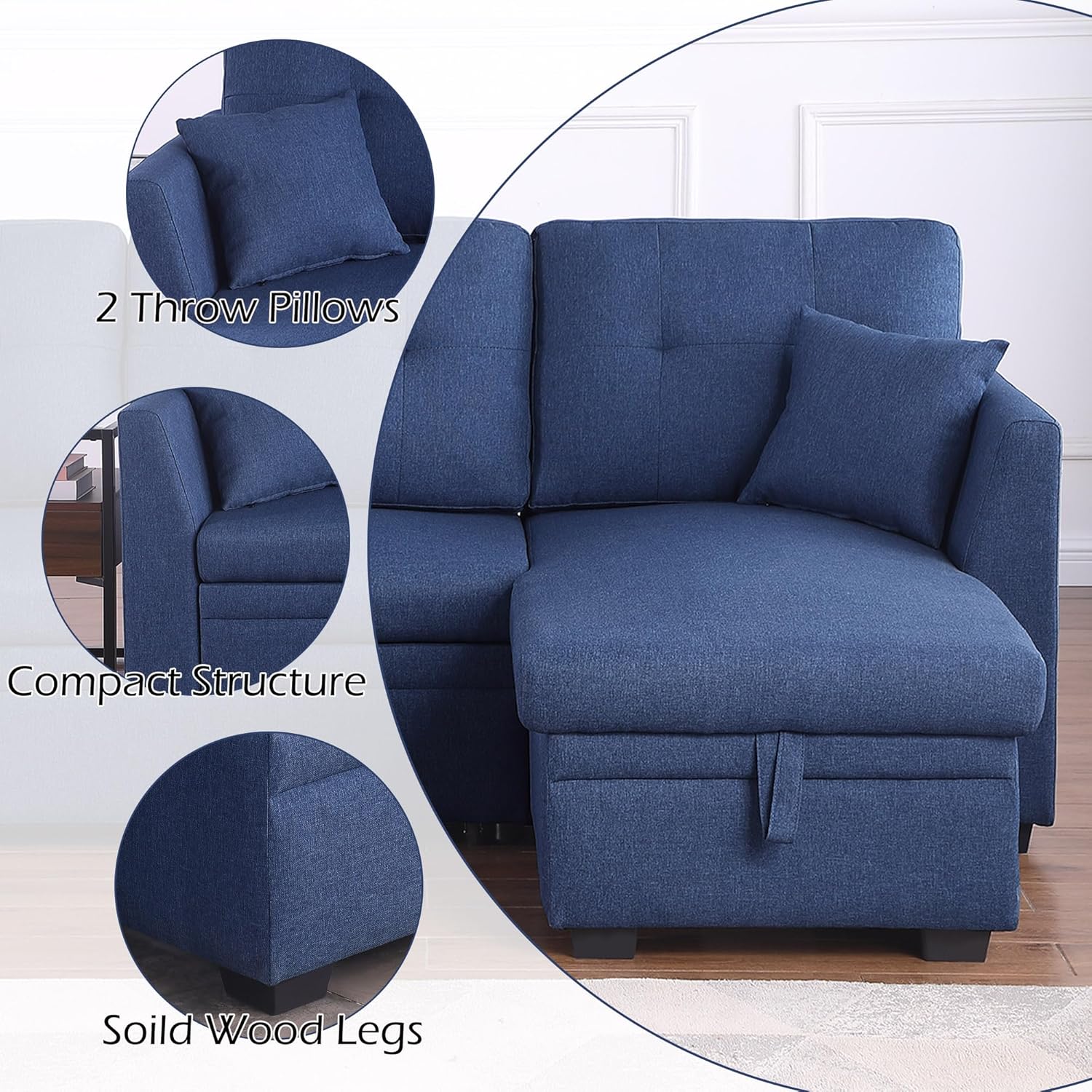 BEEY Sleeper Sofa Bed, 82" Small Convertible Sectional Sofa Couch with Storage Chaise, L Shaped Couch with Pull Out Bed for Bedroom, Living Room (Navy_Blue_2)