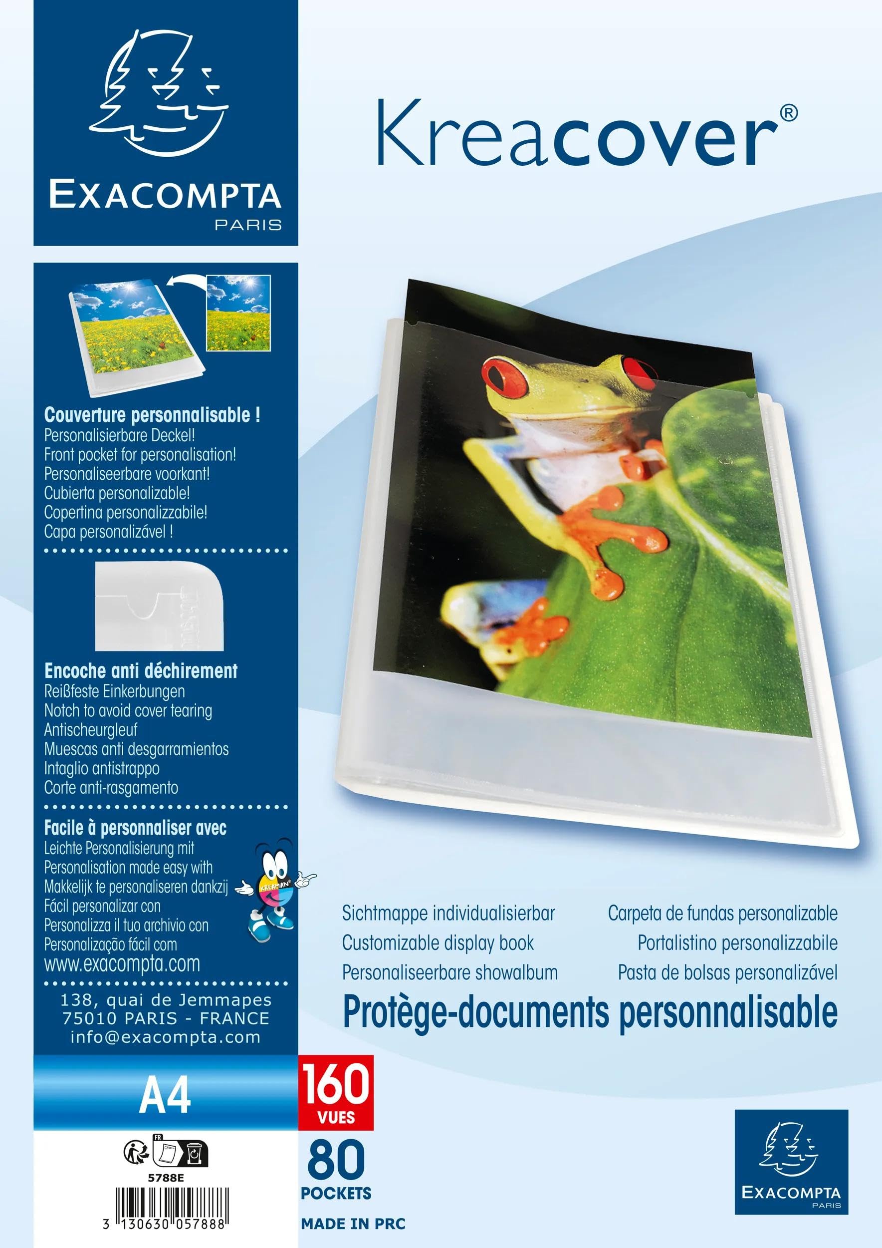 Exacompta 5788E 8er Pack Sichtmappe KreaCover Chromaline aus Kunststoff DIN A4 mit 80 Klarsichthüllen, 160 Sichten, Tasche am Vorderdeckel zum selbstgestalten, Aktenhülle, Prospekthülle, transparent