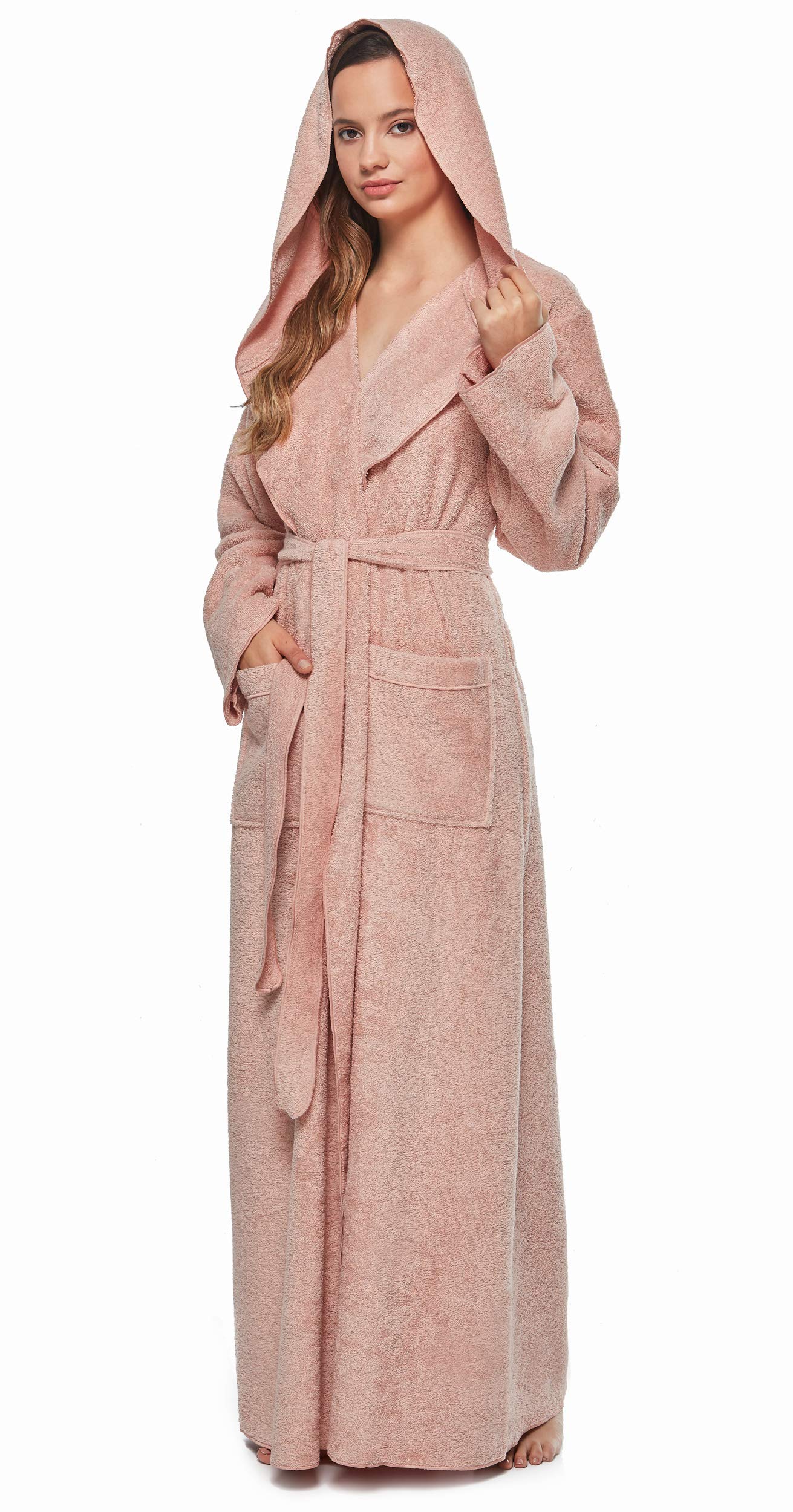 Arus Women's Princess Robe Ankle Long Hooded Lightweight Turkish Cotton Bathrobe, Misty Rose, Medium