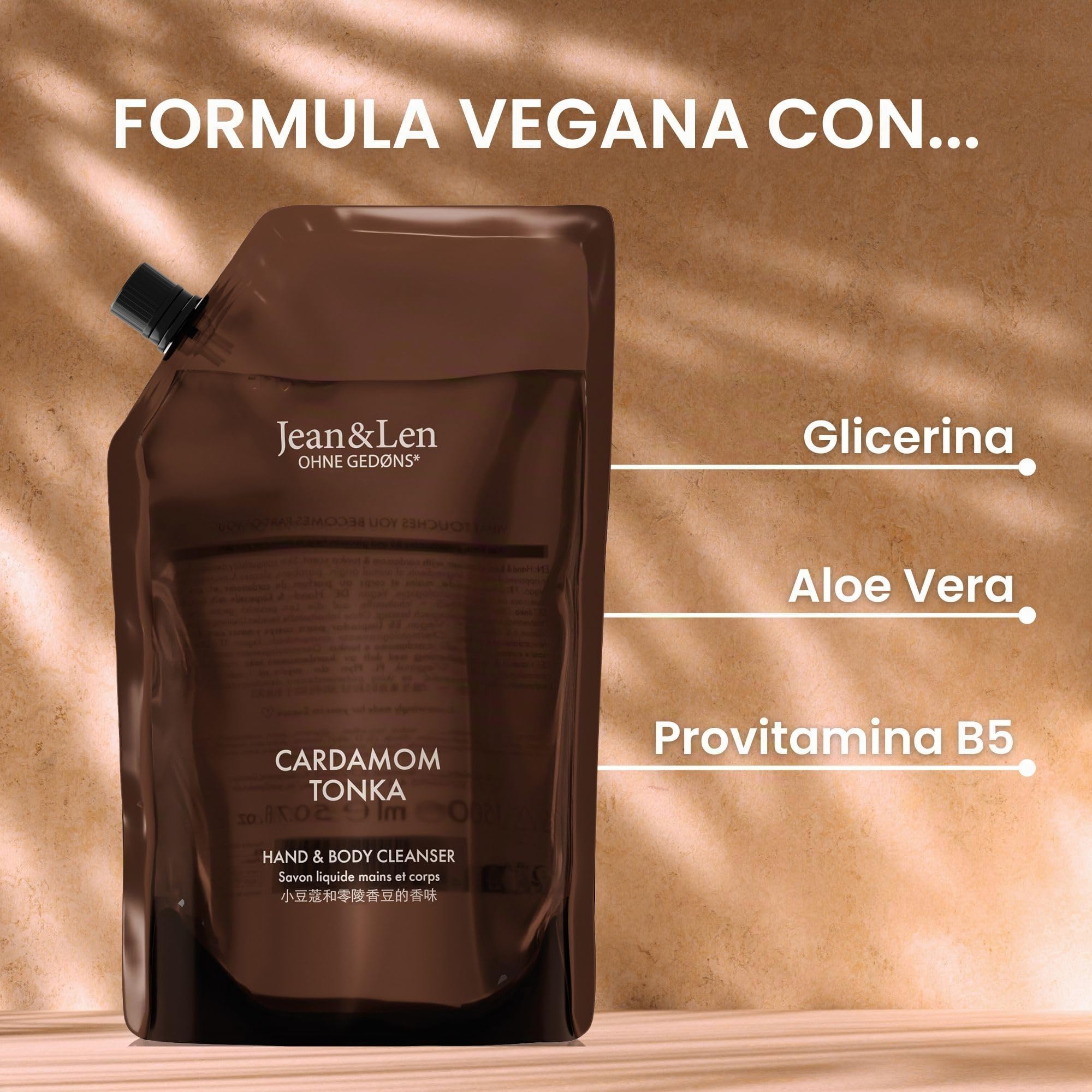 Jean & Len Hand & Body Cleanser Cardamom & Tonka in busta ricarica, per un'esperienza di pulizia profumata, profumo esotico e speziato, sapone liquido in confezione ricarica, vegano, 1,5 L