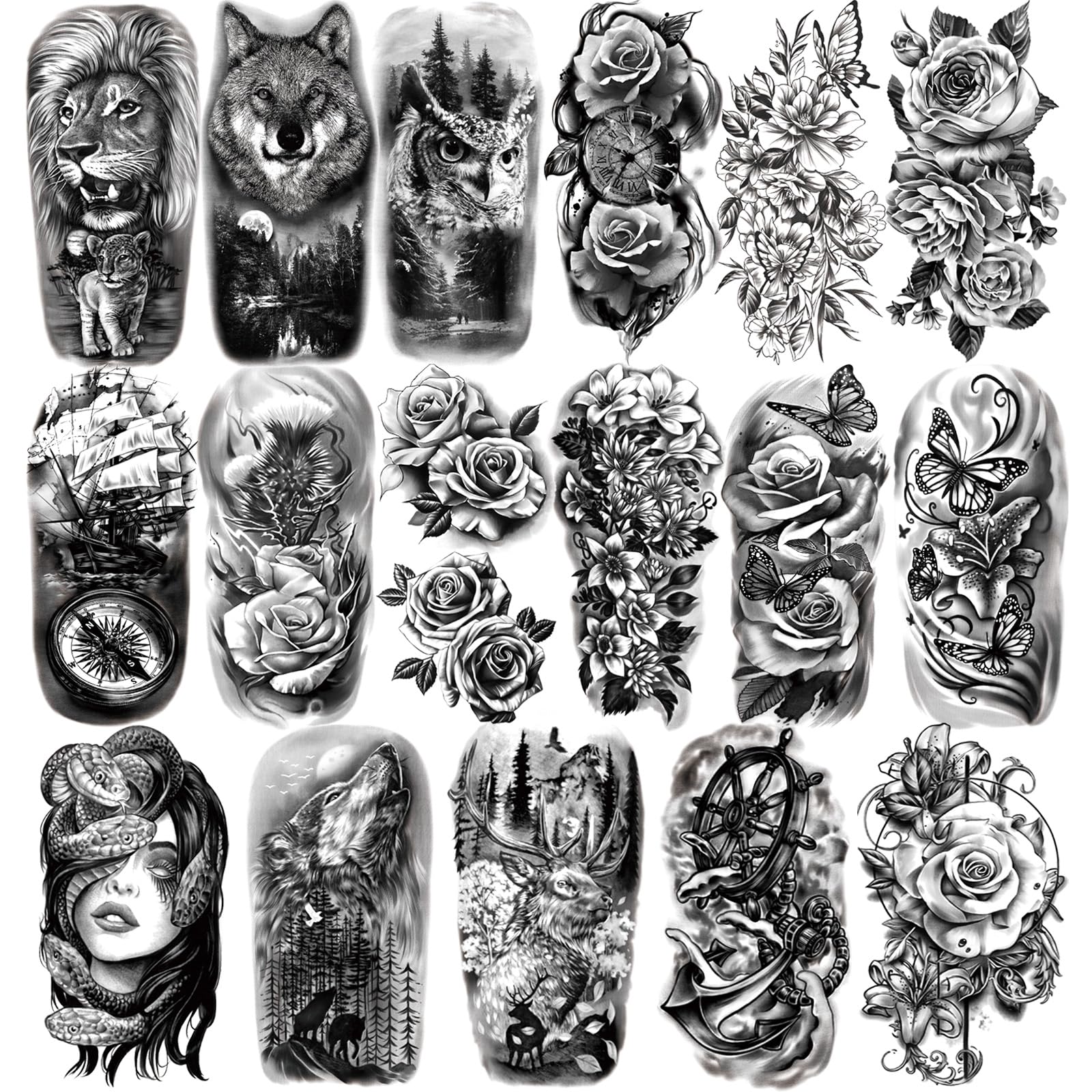77 hojas de tatuajes temporales impermeables para niñas o niños, 17 hojas más grandes, medio brazo, león, lobo, búho, alce, serpiente, mariposa, rosa, tatuajes falsos para hombres o mujeres y