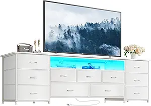 Huuger 70 Inch TV Stand for 75, 80 Inch TV, 11 Drawer Long Dresser with Power Outlets and LED Lights, Entertainment Center with Storage, White Dresser with PU Leather Surface