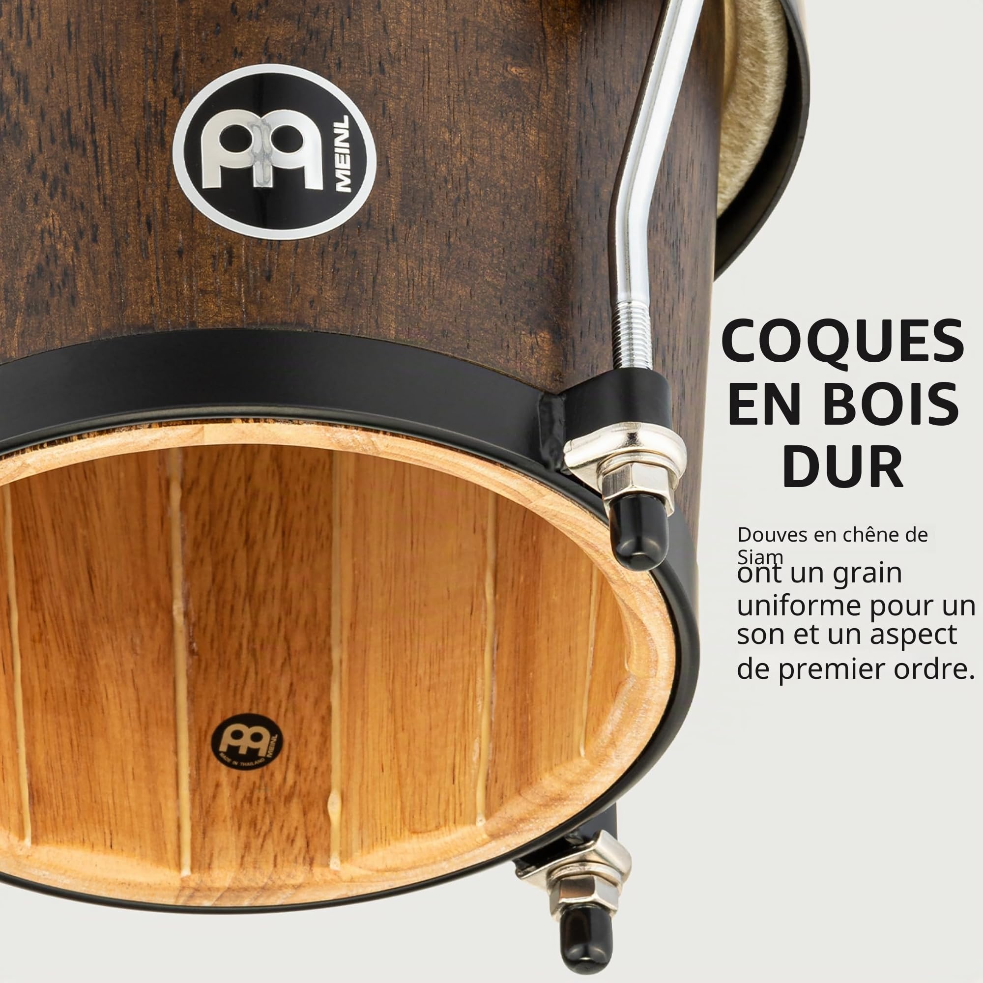 Meinl Percussion Bongos Headliner Wood - deux hand drums de 6,75 et 8 pouces - avec clé d'accord - chêne du Siam, Noir (HB100VWB-M)