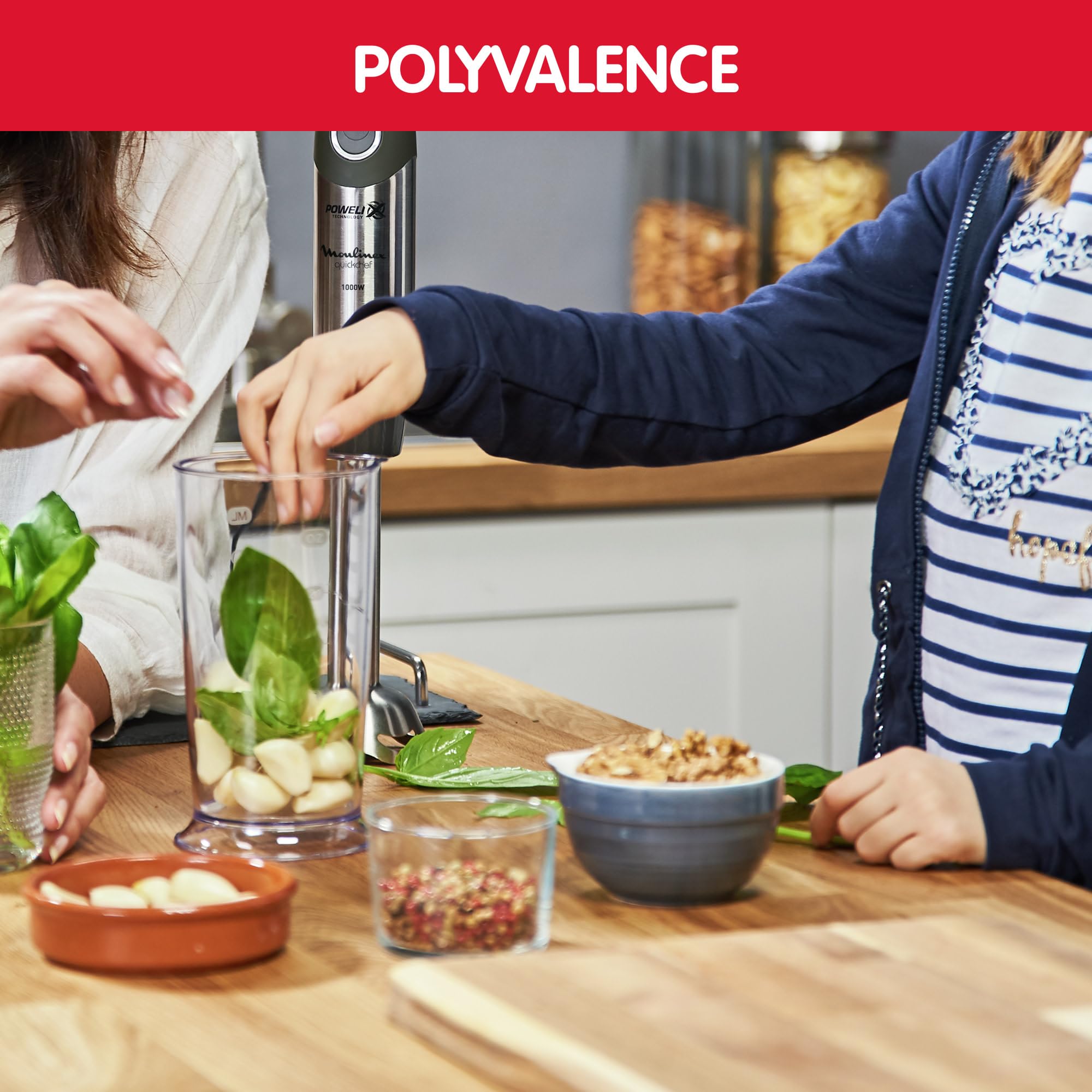 Moulinex Pied mixeur, 4 lames Powelix, 10 vitesses, appareil 3-en-1, hachoir et fouet, 1 000 W, Quickchef, DD655811