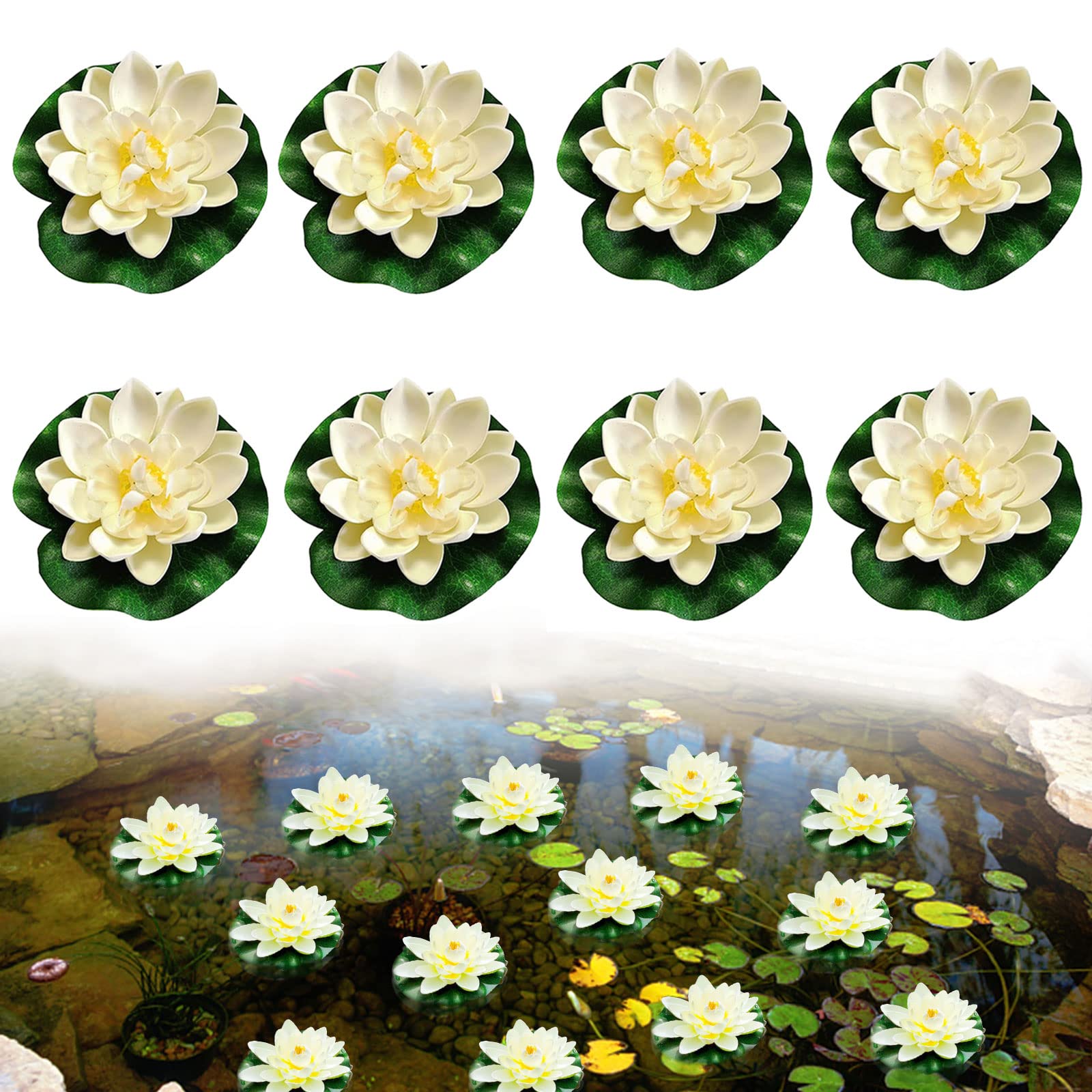 JOKILY 8 fiori galleggianti, piante di giglio d'acqua, ninfee artificiali, galleggianti, fiori artificiali, loto bianco, piante da stagno, decorazione per laghetti da giardino
