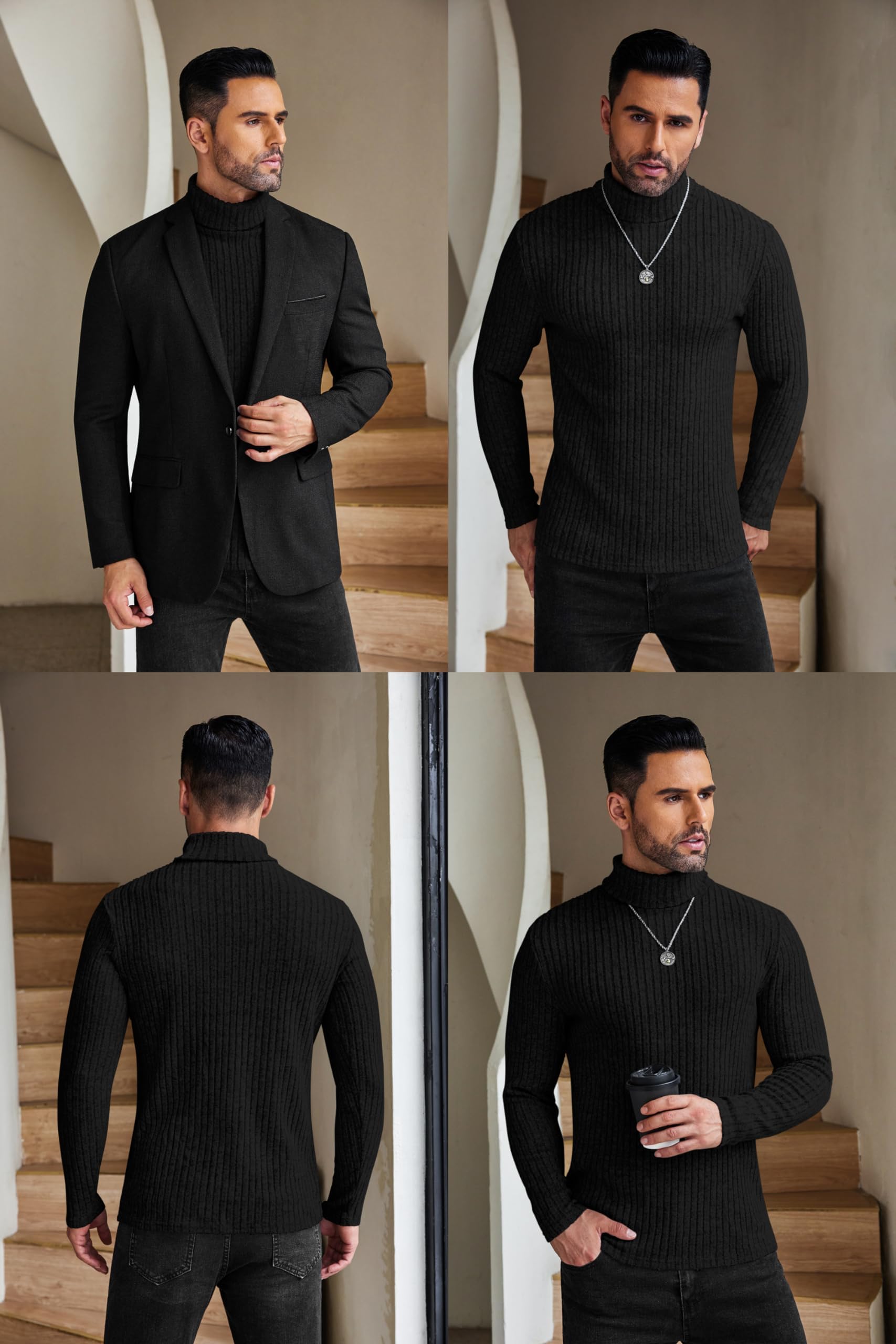 Ekouaer Męska termiczna górna warstwa bazowa golf z długim rękawem slim fit sweter jesień zima bielizna termiczna prążkowana lekka S-XXL