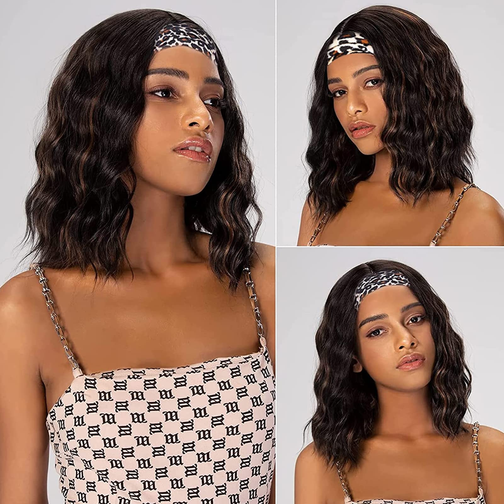 DAYONG Short Wavy Wigs,Black Mixed Brown Synthetic Bob Wig for Women Daily Party Use 14 inch (Black Mixed Brown)