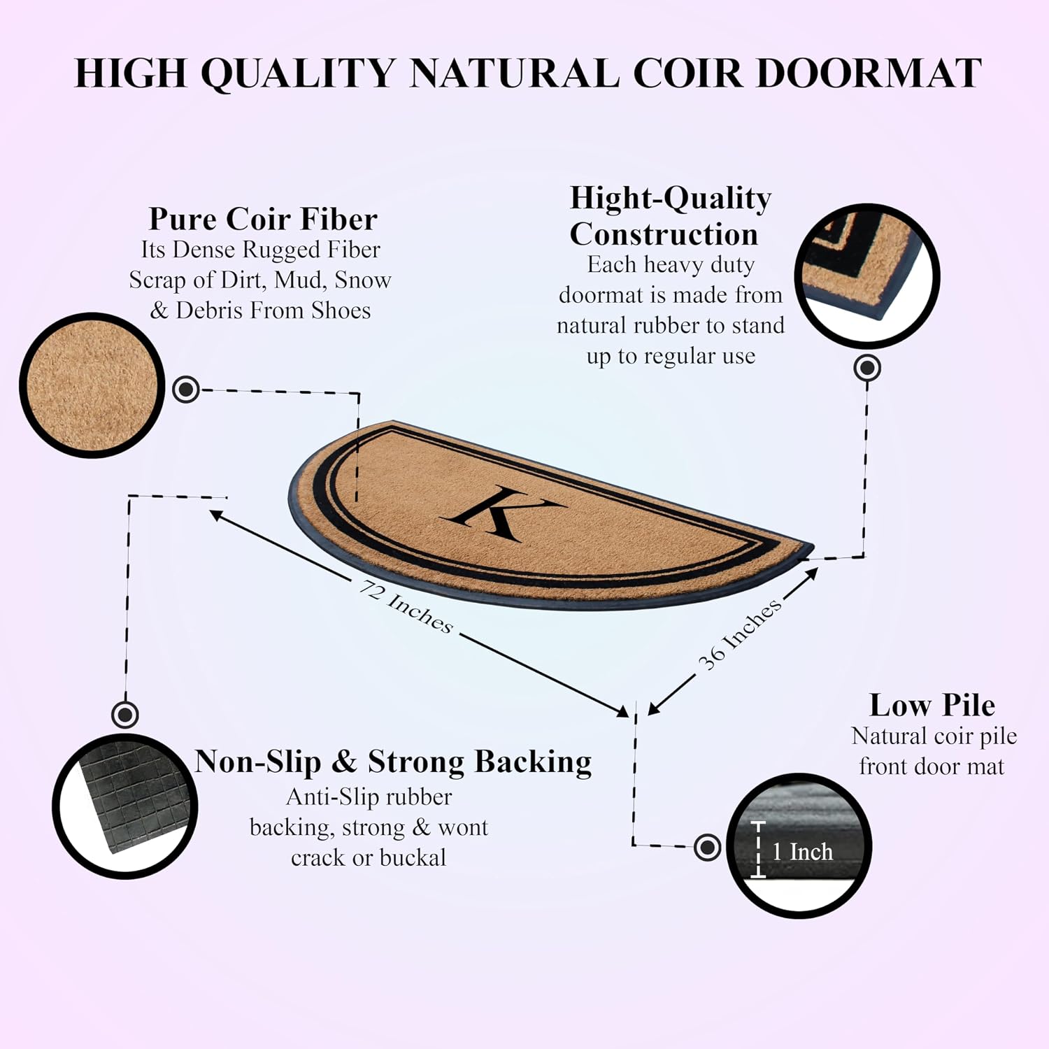 A1HC Natural Coir & Rubber Hand-Flocked Monogrammed Doormat - Heavy Duty Anti-Shedding Front Door Mat, Thick & Durable Entrance Mat, 36" x 72" - K
