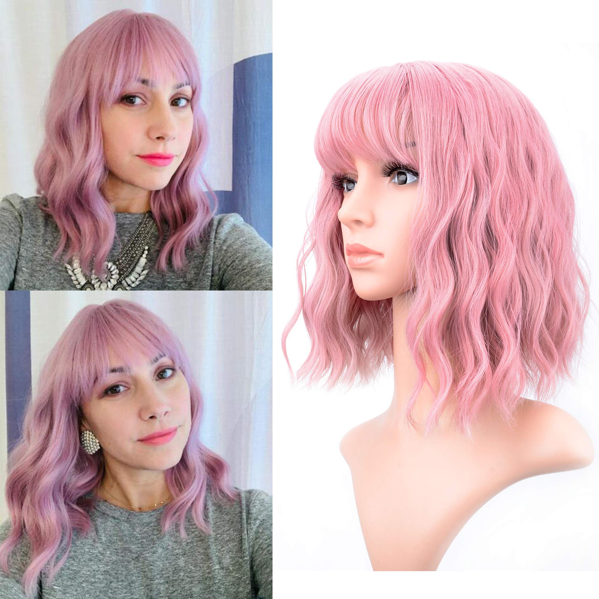 VCKOVCKO Pastel Wavy Wig With Air Bangs Women's Short Bob Purple Pink Wig Curly Wavy Shoulder Length Synthetic Cosplay Colorful Wigs for Girls (12",Purple Pink)