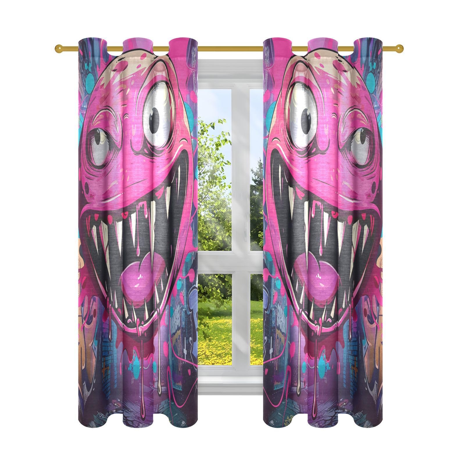 Rideaux semi-transparents monstre dessin animé rose 106x160cm x2