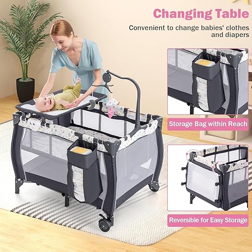 Miniatura 7 de HONEY JOY Pack and Play, corralito portátil 3 en 1 con moisés, cambiador, ruedas bloqueables, caja de música, centro de guardería plegable para cuna