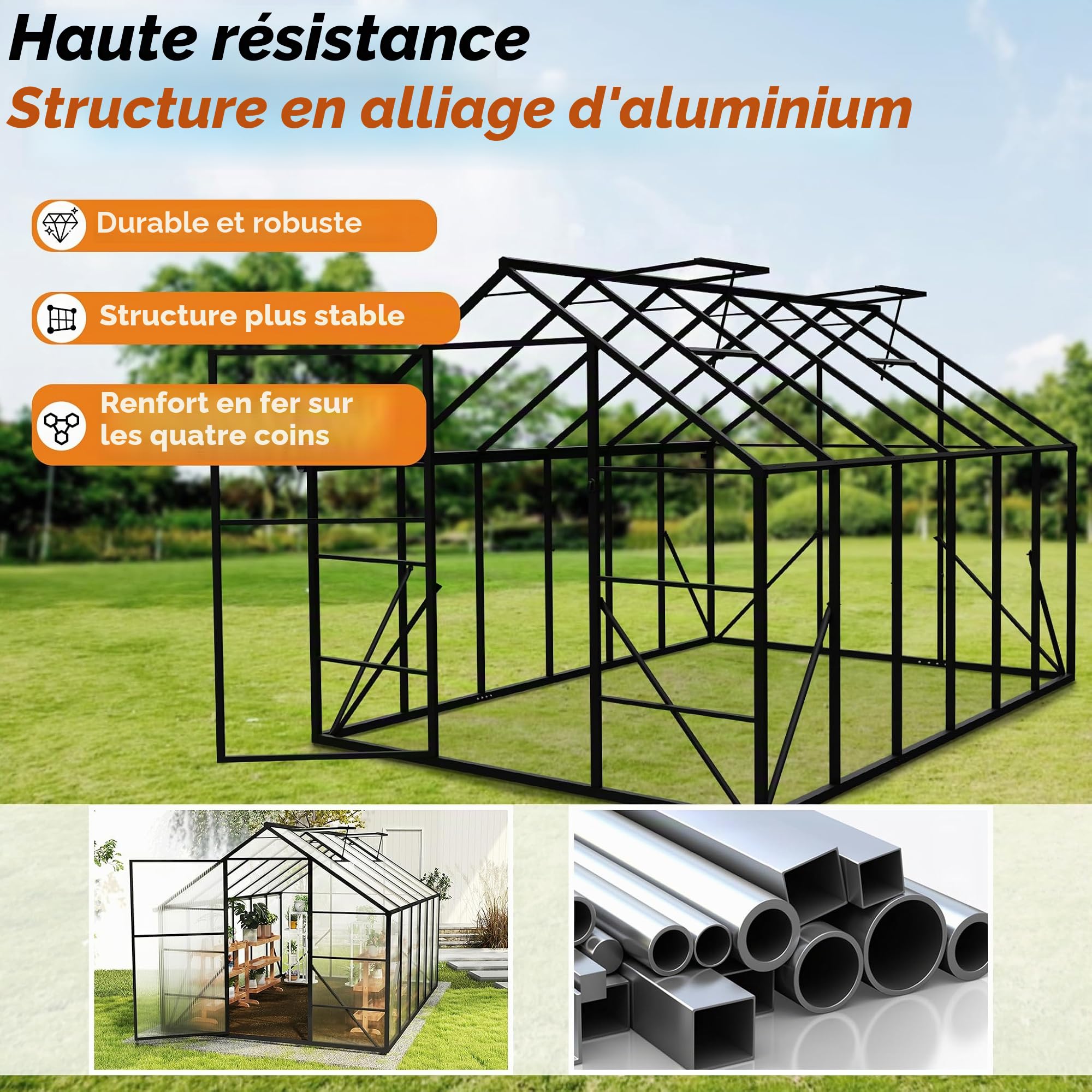 NAIZY Serre de jardin de 380 x 250 x 205 cm, avec ancrage au sol et base de 6 cm, de 580 g, plaque de polycarbonate et aluminium de 4 mm, pour tomates, résistante à l'hiver, protection UV