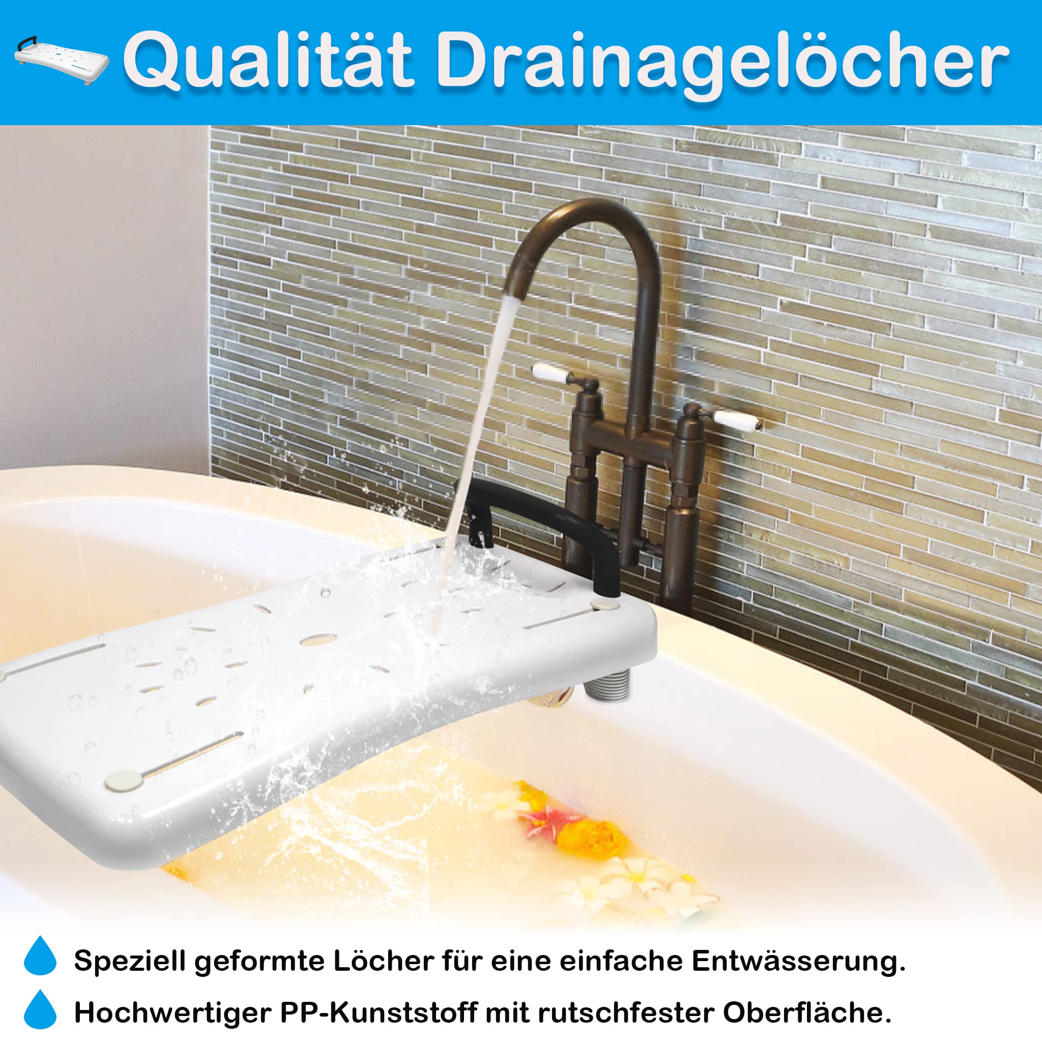 LZQ Badewannenbrett 70cm lang Badewannensitz Senioren mit Schwarz Griff und Seifenablage, Einstellbar Wannensitz Sitzbrett für Badewanne für Erwachsene bis max.150kg