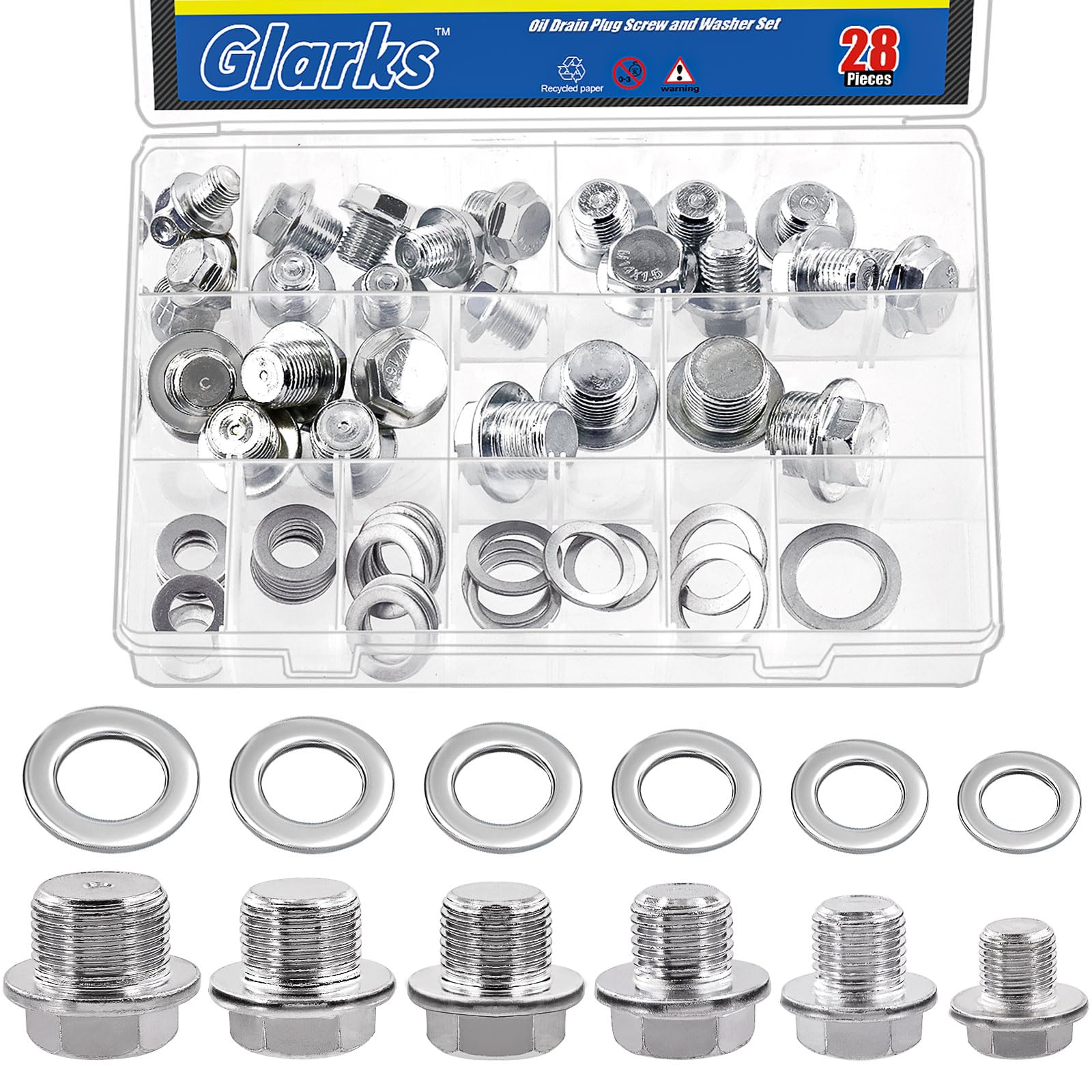 Glarks 1 pcs M10/M12/M14/M16/M18/M20 Automotive Oil Drain Plug e guarnizioni, 28 pezzi Crush Set compatibile con Jeep GM Ford Toyota