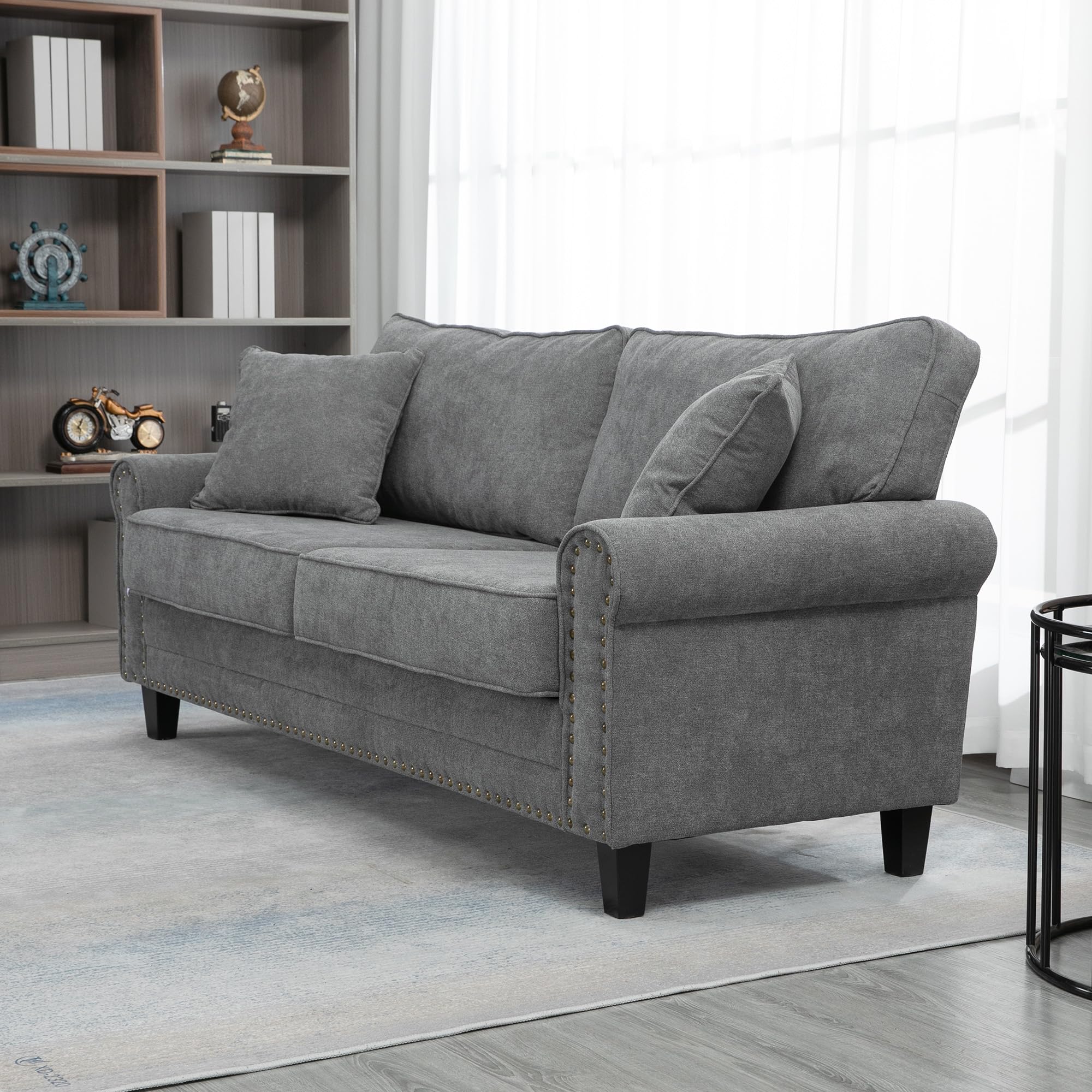 HOMCOM Sofá de 3 Plazas Sofá de Salón Estilo Moderno 196x80,5x89 cm Gris | Tapizado en Poliéster, con 2 Cojines, Ribete de Cabeza de Clavo, Patas de Madera de Caucho