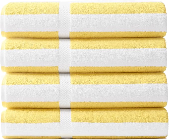 Manchester Mills Connoisseur Cabana Stripe Pool & Beach Towel - 2-Inch Yellow Striped Design, 100% Absorbent Hotel-Quality Cotton, 35 x 70-Inch Towels, Pack of 4