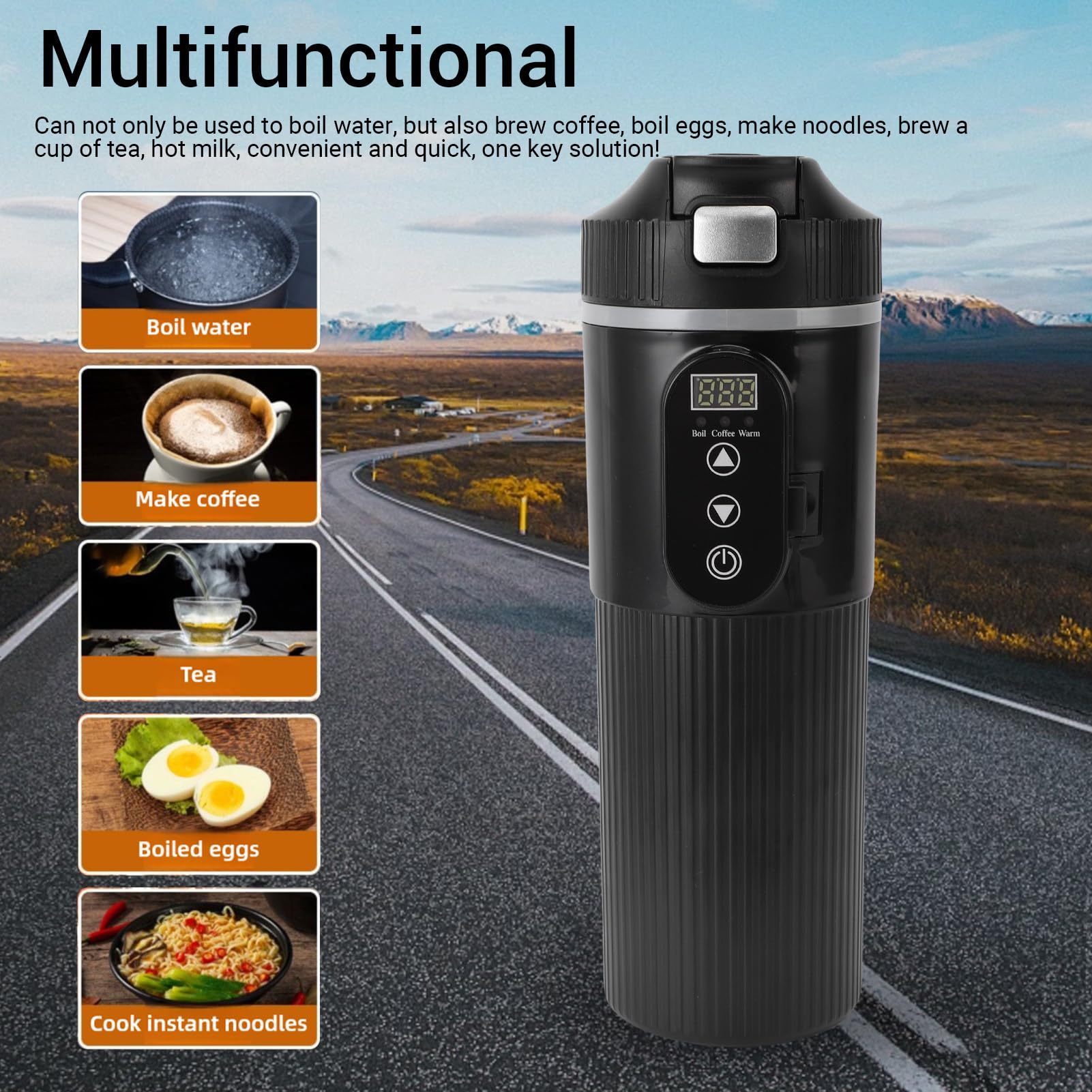 banapoy Copa de Calefacción de Automóvil Portátil, Caldera de Agua de Hervidor de Automóvil 12V 24V, 500Ml Hervda de Viaje Eléctrico con Filtro de té, Taza de Camión para Leche café