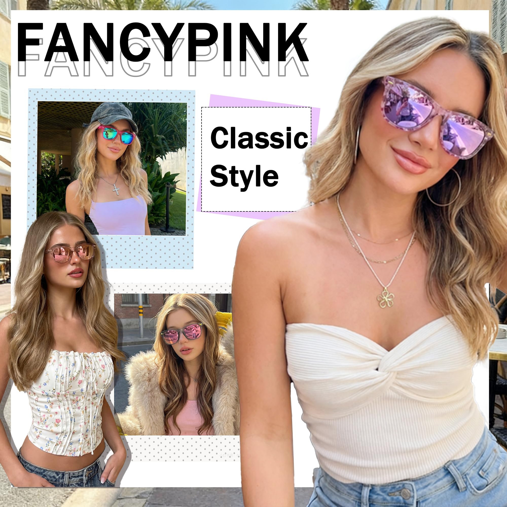 FancyPink Lentes de sol polarizados para mujer, protección UV400, lentes de sol de playa espejados, lentes de sol de moda de diseño, ajuste medio