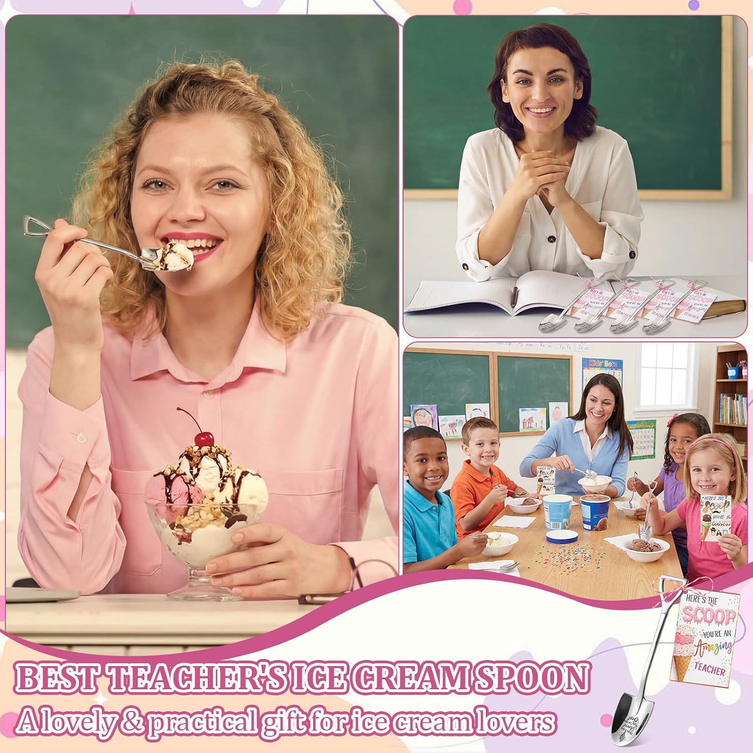 24 Sets Back to School Teacher Gifts Bulk Ice Cream Shovel Gifts Engraved Ice Cream Scoop with Thank You Teacher Cards Set for First Day of School Retirement Wrapping Supplies