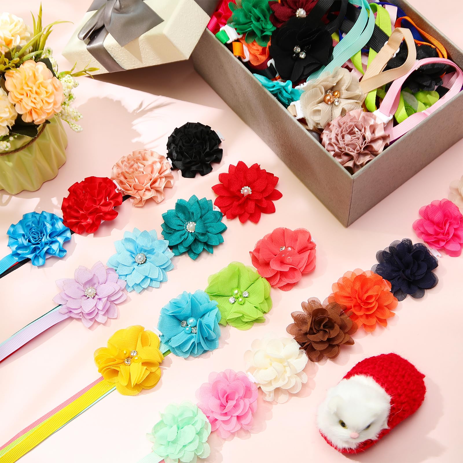 Reginary 100 collares de perro con flores a granel, collares para mascotas, collares florales para gatos, collares ajustables de nailon multicolor para mascotas pequeñas
