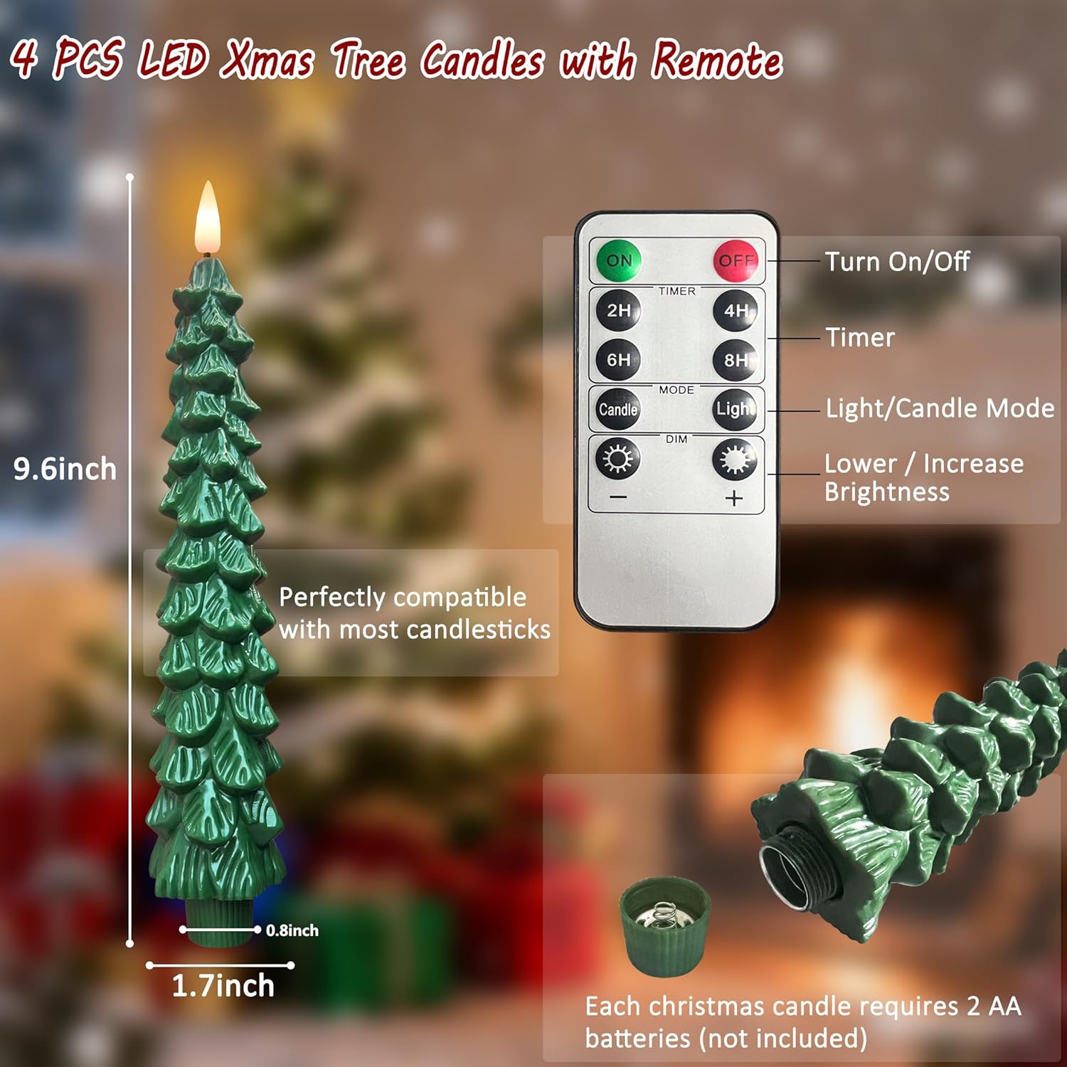 Christmas Tree Candles with Remote Timer, 1 Pcs 9.6" LED Flameless Taper Candles, Battery Operated Xmas Green Tree Shaped Candlesticks for Christmas Decorations Indoor